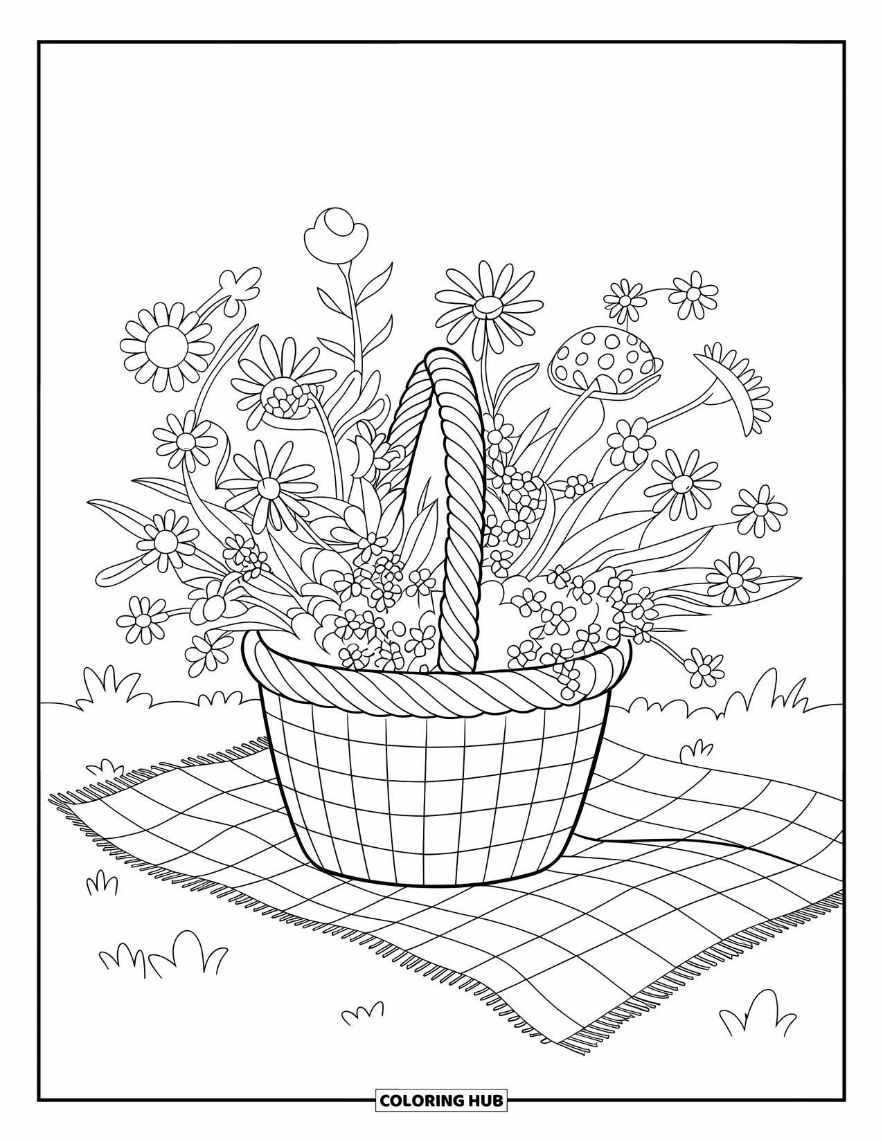 Wildflower Coloring Page for Kids: Basket of wildflowers placed on a checkered cloth on the ground