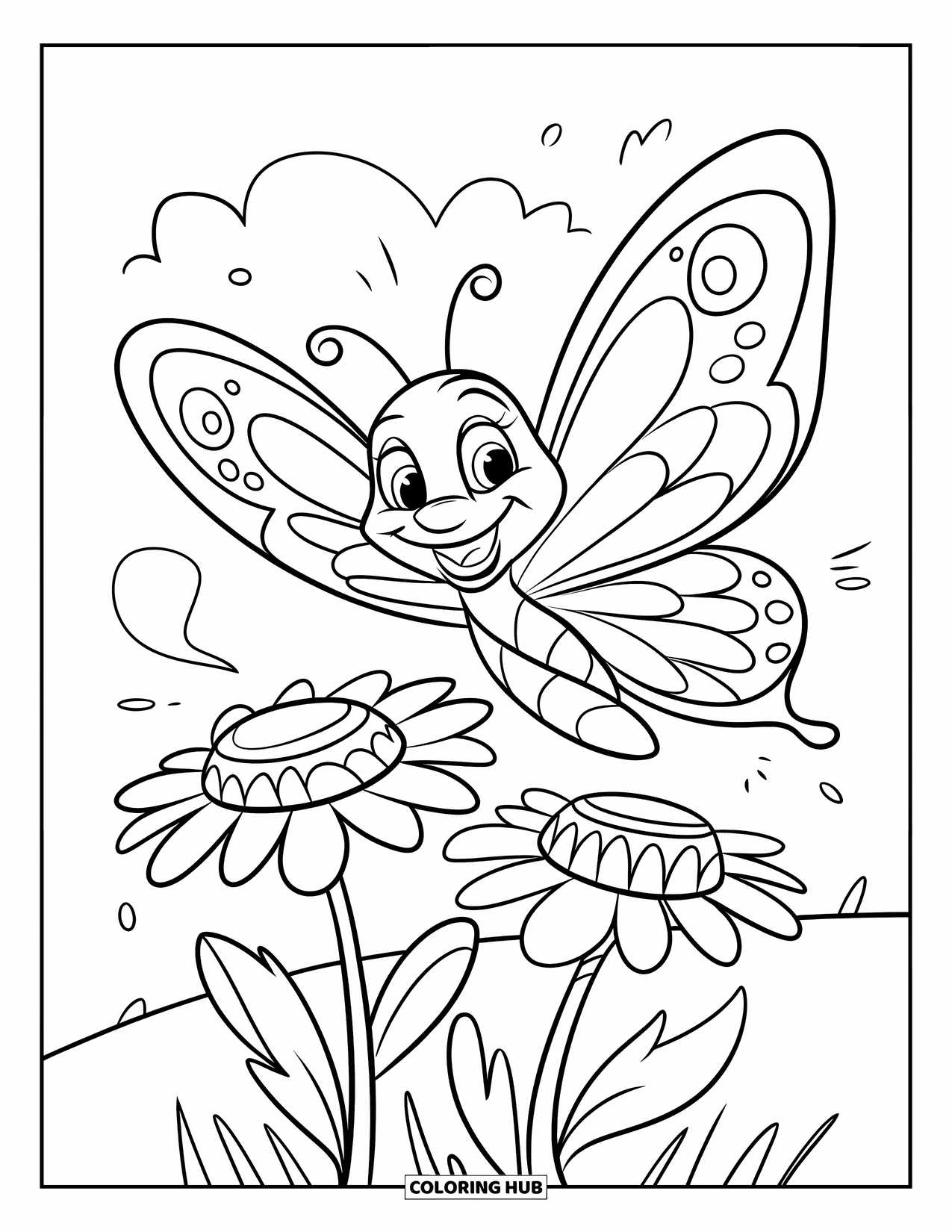 Wildflower Coloring Page for Kids: Cheerful butterfly hovers over two large wildflowers in bloom