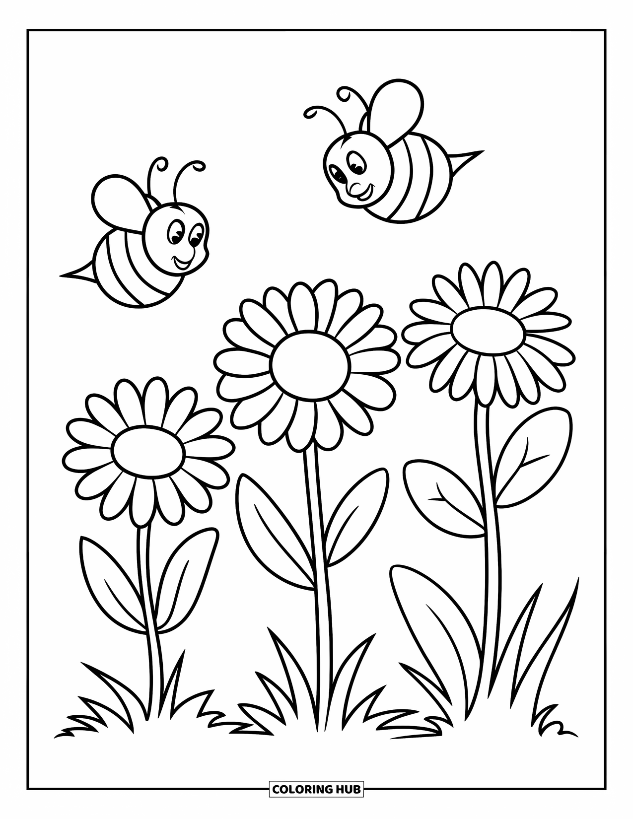 Wildflower Coloring Page for Kids: Chubby bees buzz over three playful wildflowers in a row