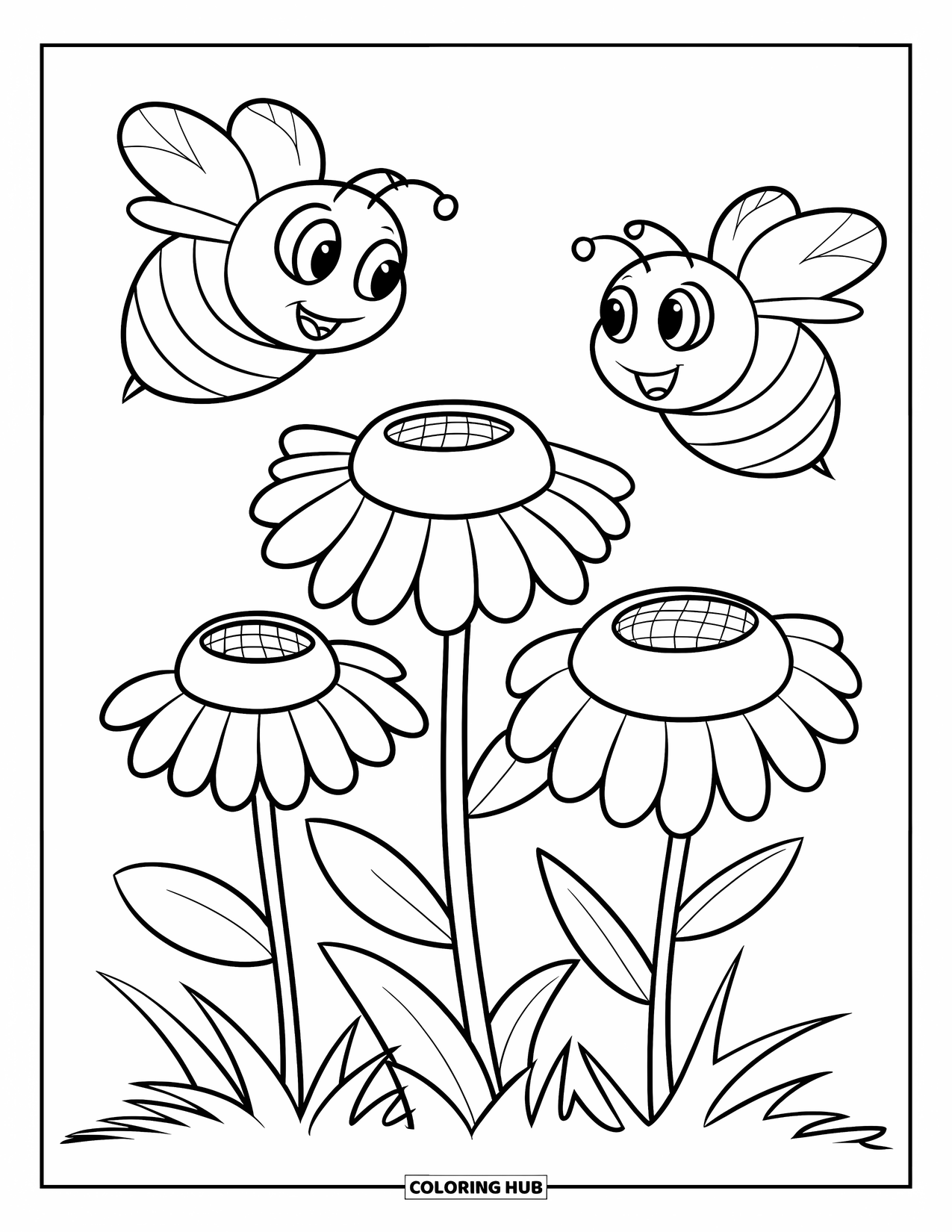 Wildflower Coloring Page for Kids: Chubby bees with big eyes fly above three happy wildflowers
