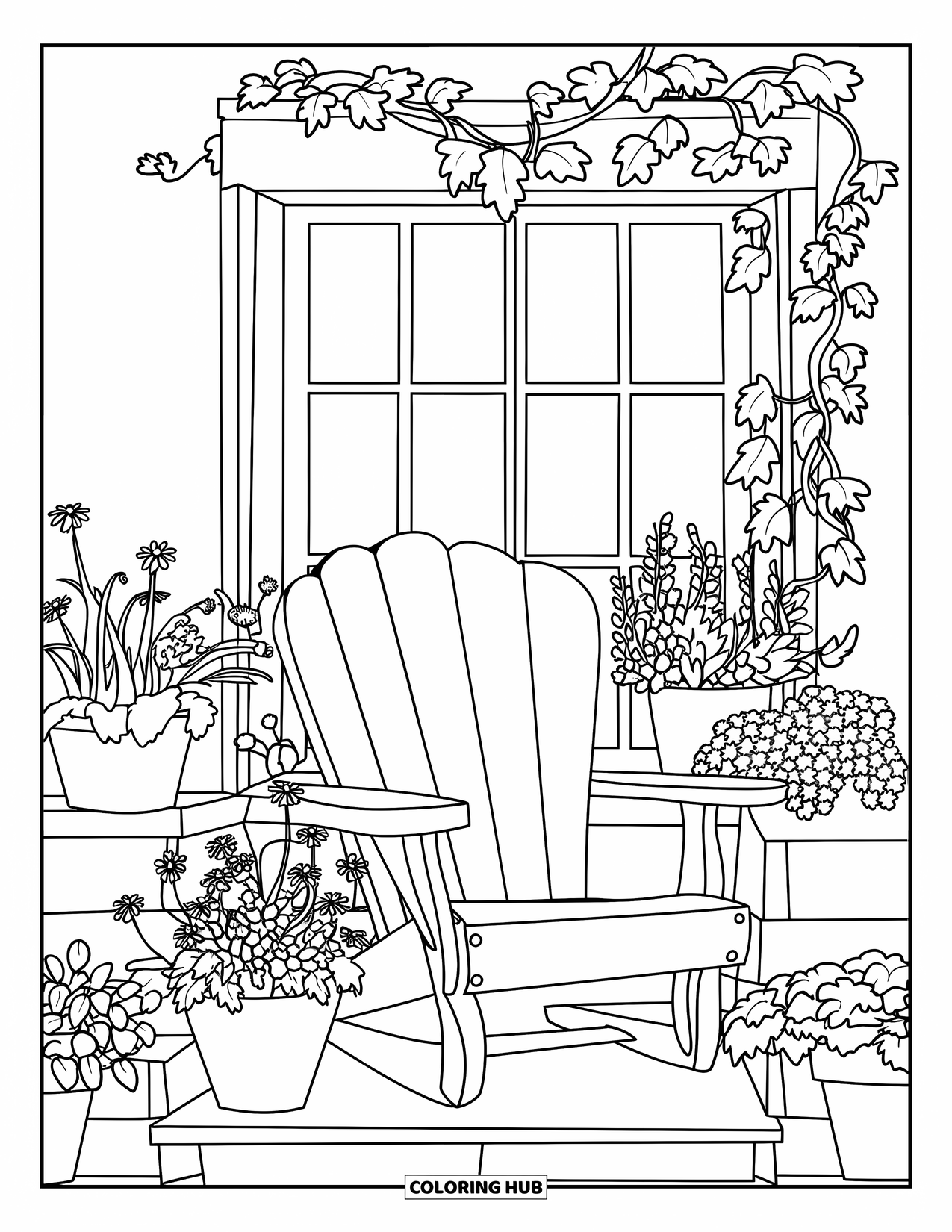 Wildflower Coloring Page for Kids: Comfy chair near a window surrounded by pots of blooming wildflowers and ivy
