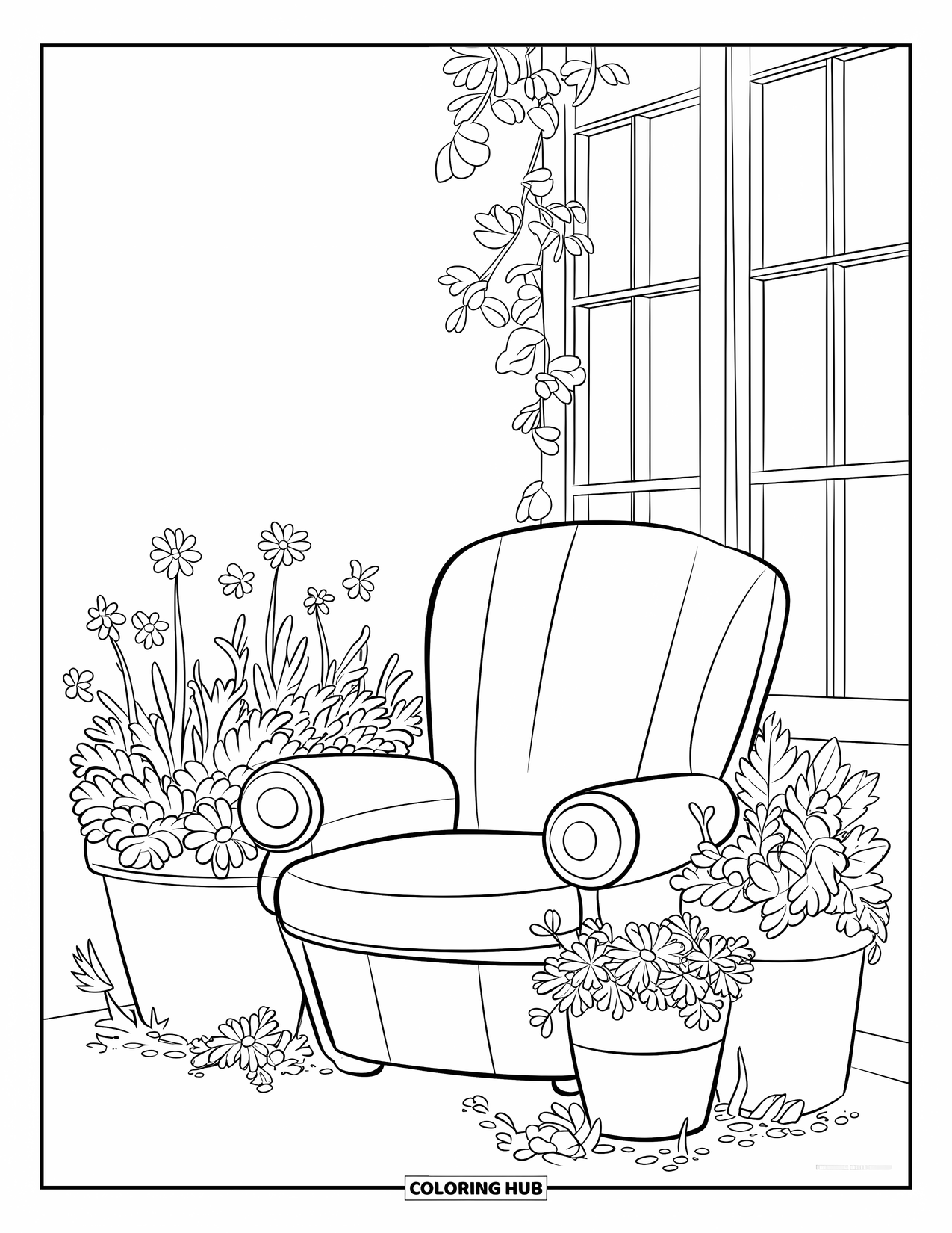 Wildflower Coloring Page for Kids: Cozy chair by the window with potted wildflowers and ivy around it