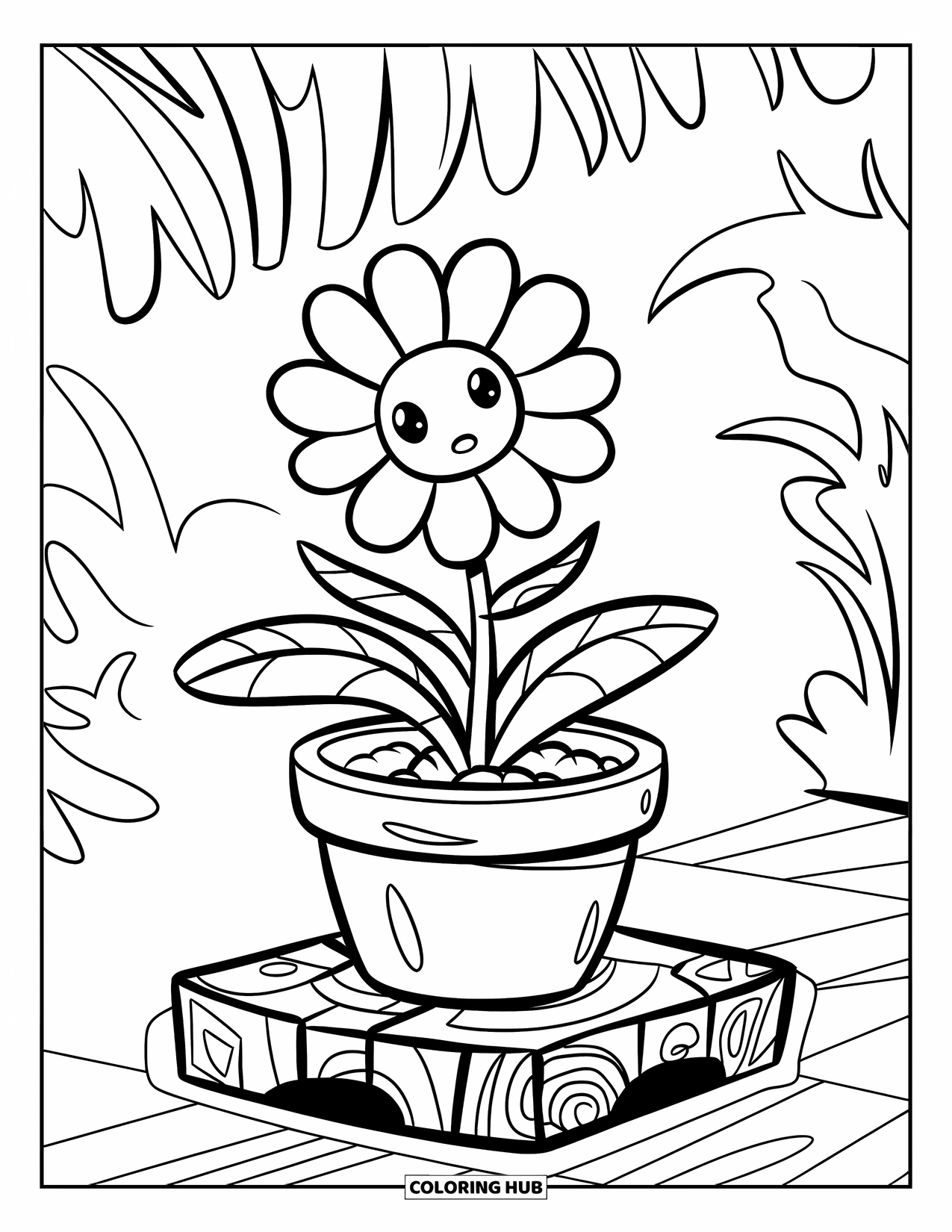 Wildflower Coloring Page for Kids: Cute wildflower in a tiny pot with two big leaves