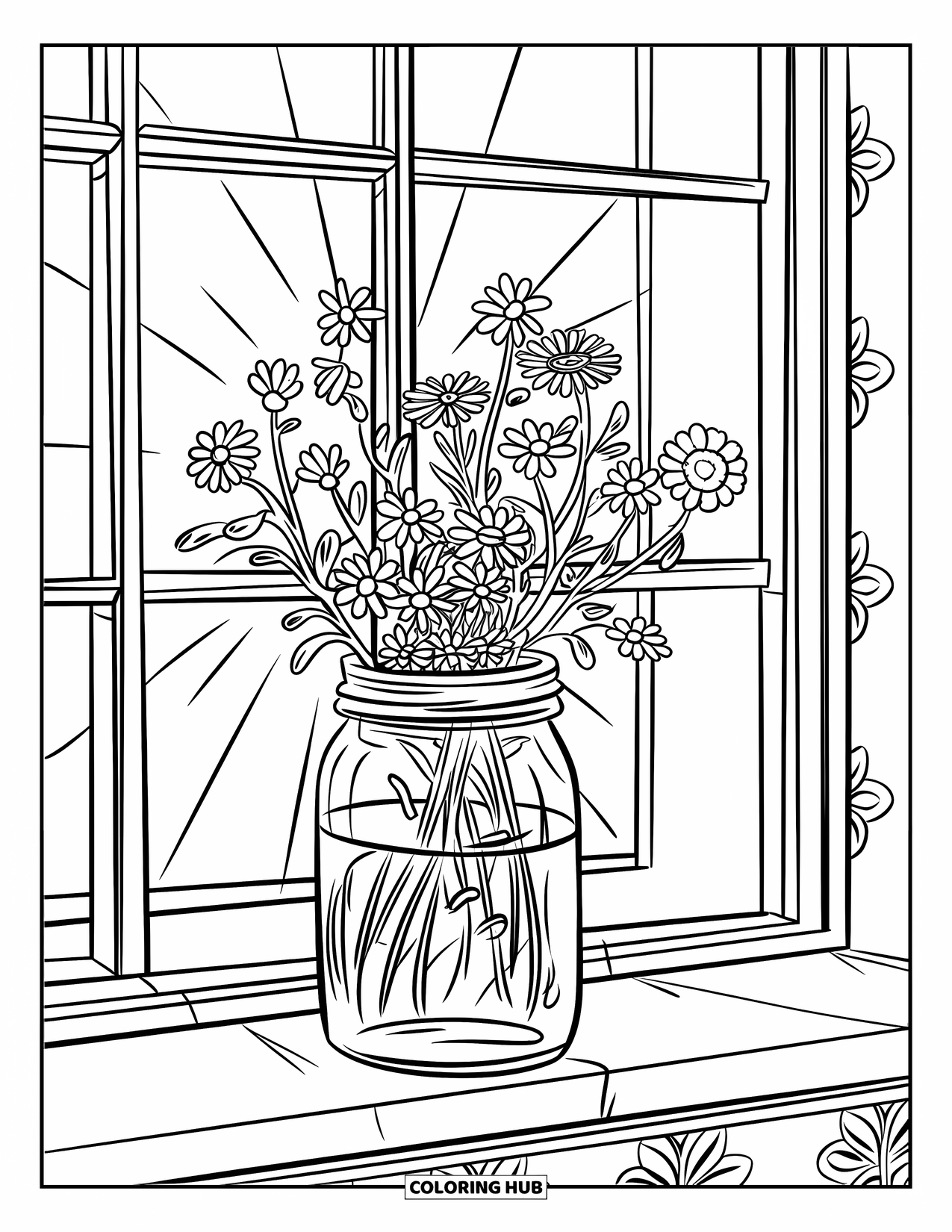 Wildflower Coloring Page for Kids: Glass jar filled with wildflowers catching sunlight on a windowsill