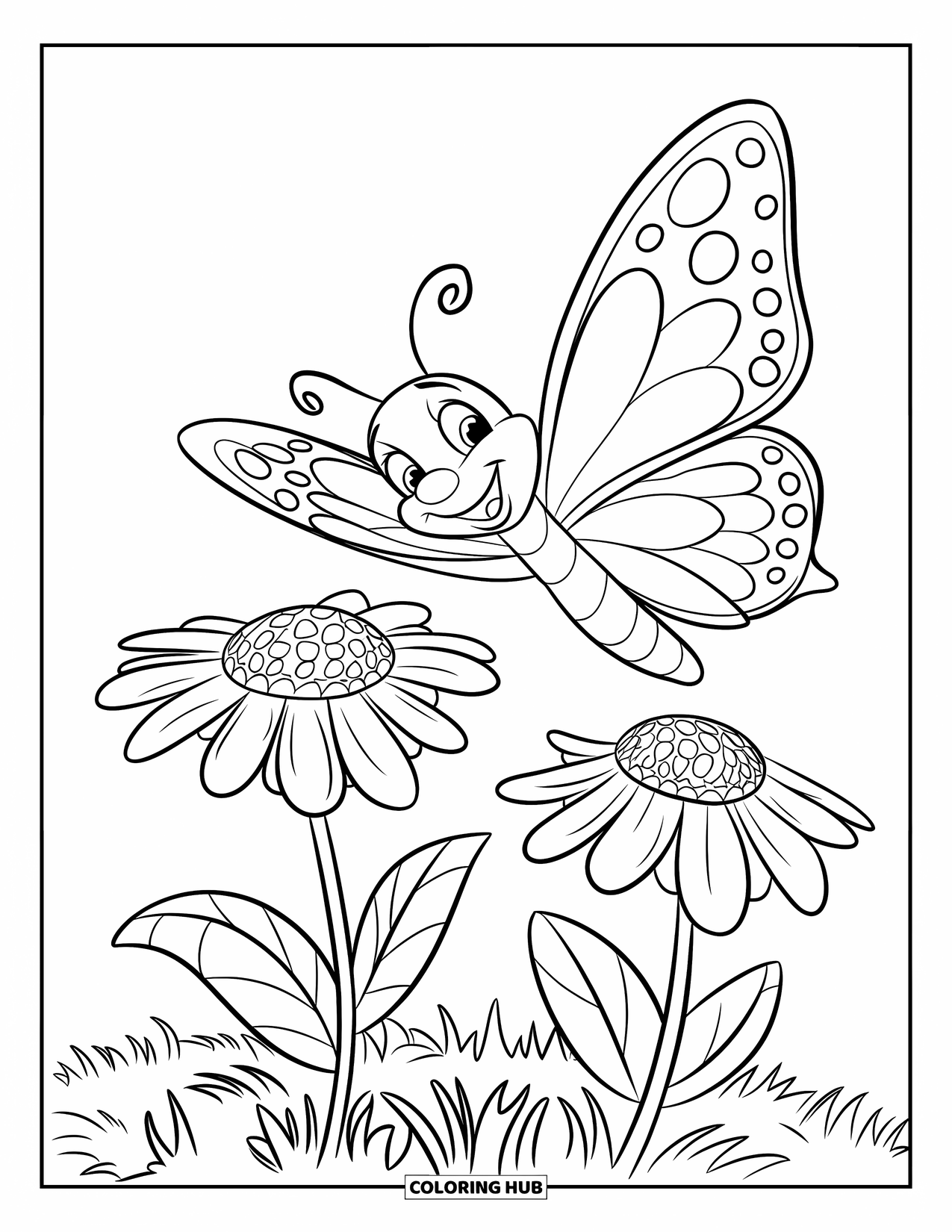 Wildflower Coloring Page for Kids: Happy butterfly flying over two big blooming wildflowers