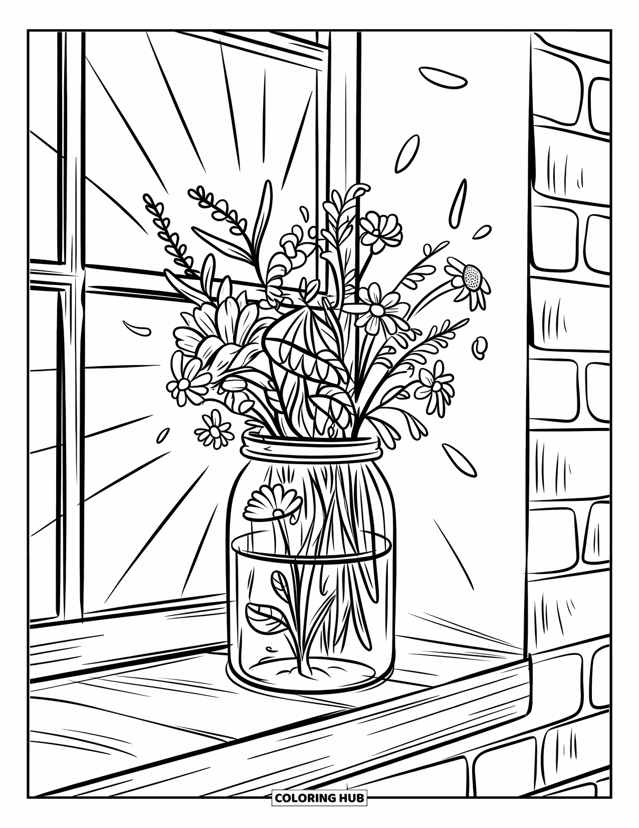 Wildflower Coloring Page for Kids: Jar of wildflowers on a ledge lit by sun rays near a brick wall