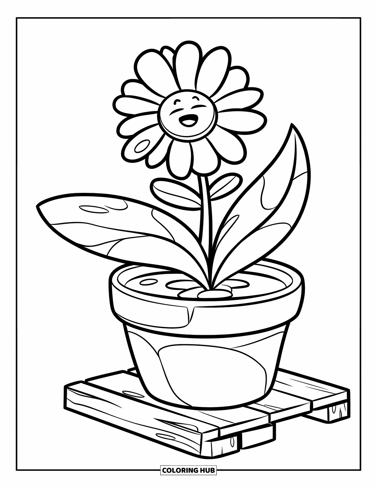Wildflower Coloring Page for Kids: Little wildflower with purple petals growing in a small flowerpot