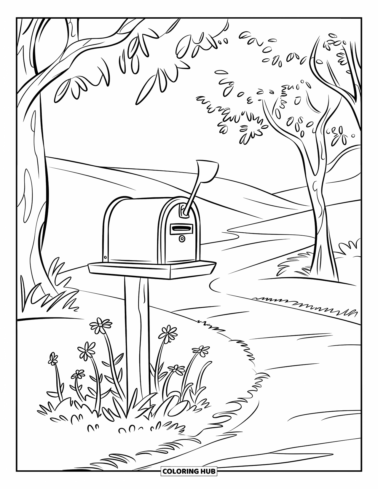 Wildflower Coloring Page for Kids: Mailbox beside a patch of wildflowers on a calm trail with trees and hills