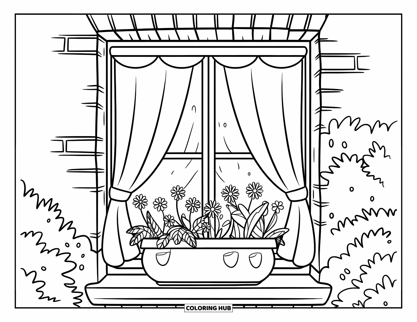 Wildflower Coloring Page for Kids: Outdoor window scene with clay pot, floral curtain, and blooming wildflowers