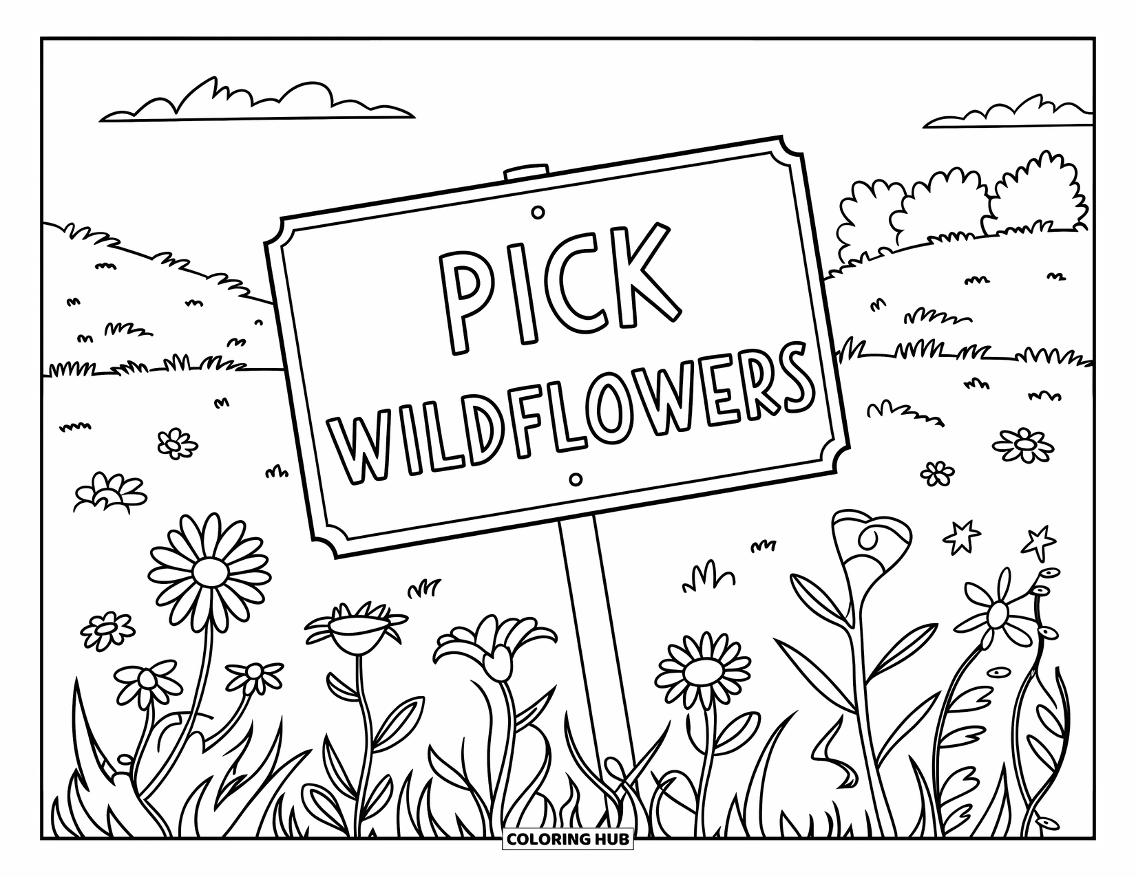 Wildflower Coloring Page for Kids: ìPick Wildflowersî sign surrounded by daisies, roses, and sunflowers in a calm meadow