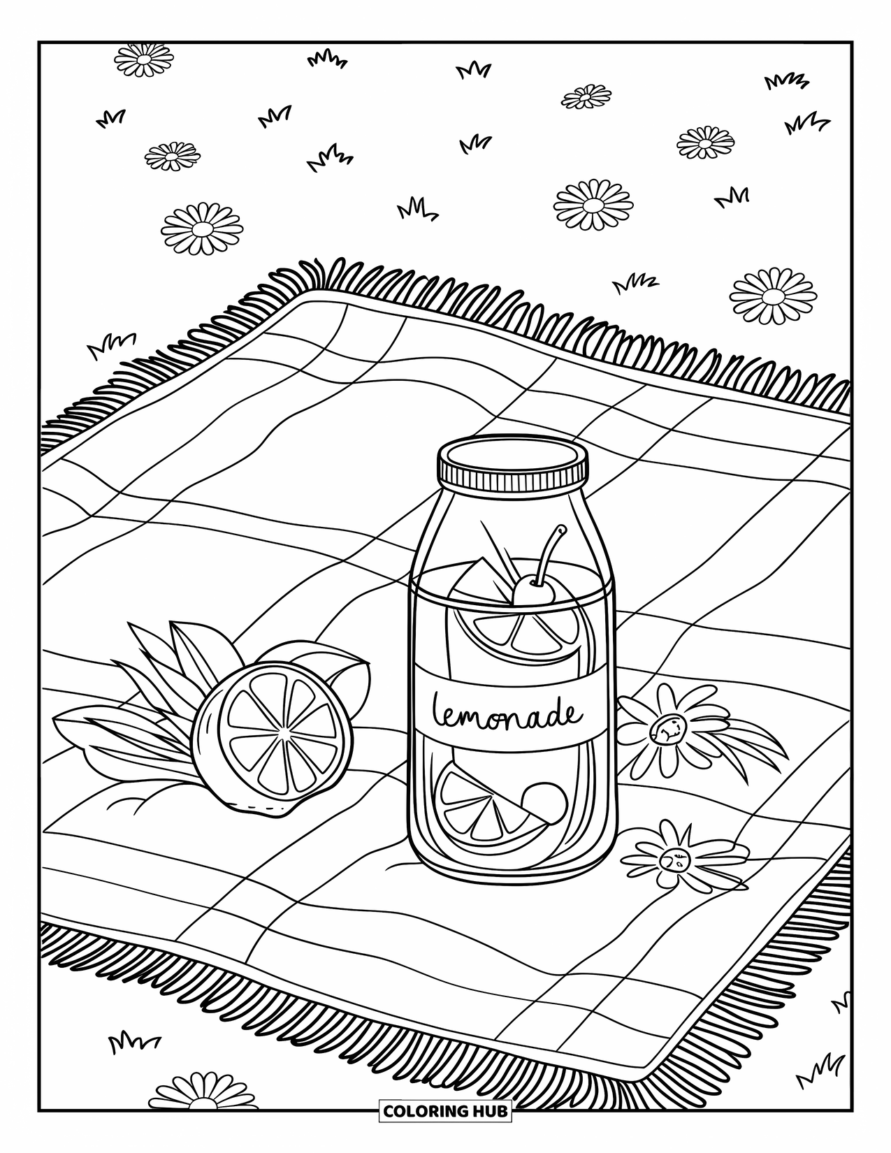 Wildflower Coloring Page for Kids: Picnic scene with a lemonade jar and flowers in a lush, open field