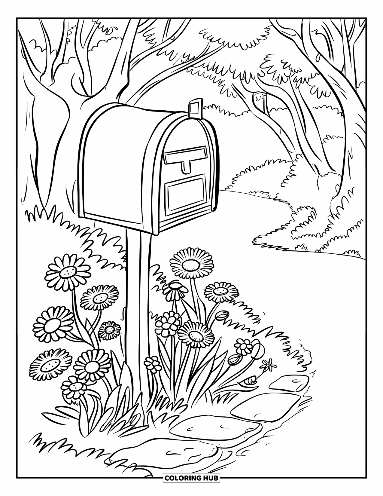 Wildflower Coloring Page for Kids: Stone platform with a vintage mailbox and wildflowers under tree-covered path