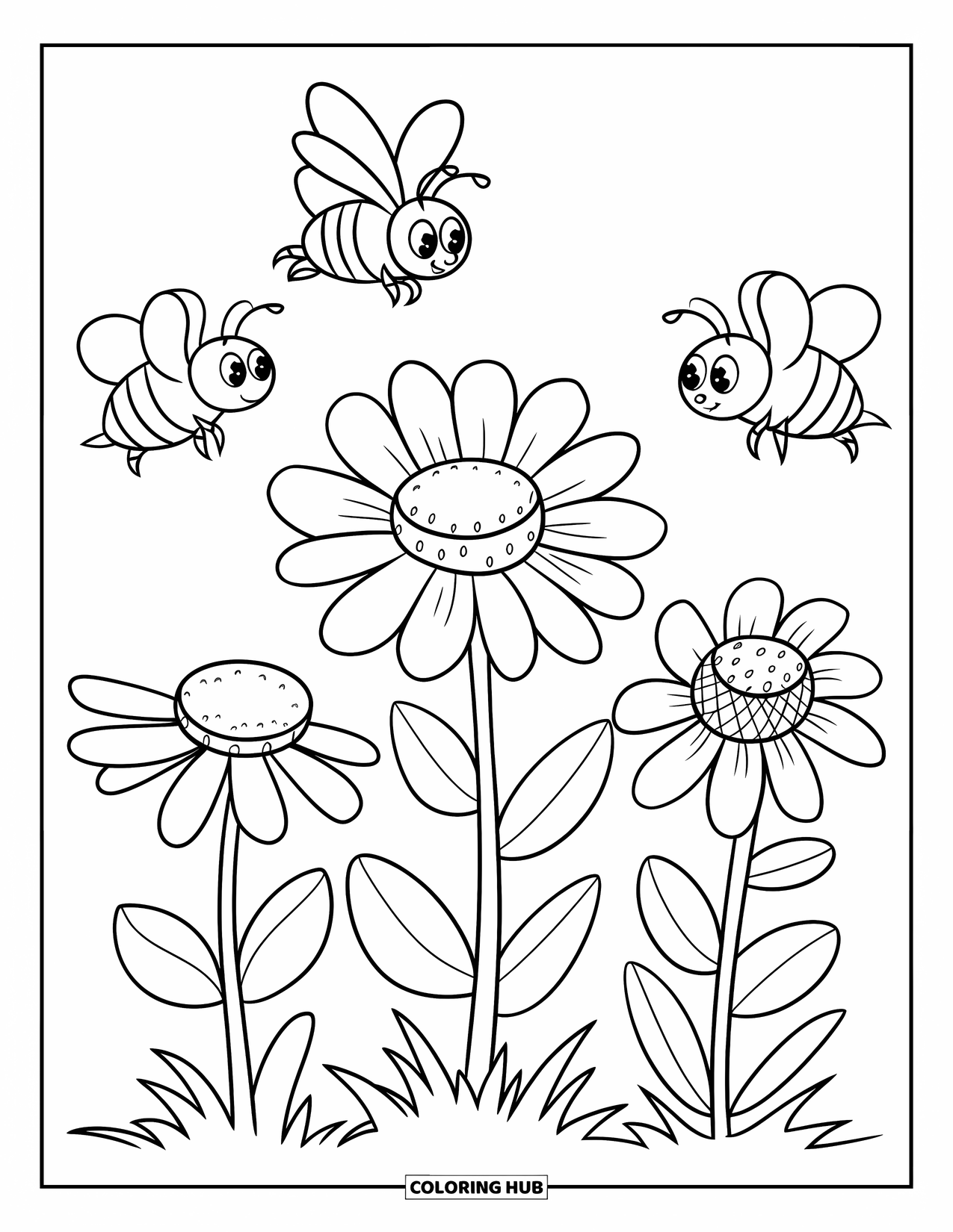 Wildflower Coloring Page for Kids: Three wildflowers bloom side by side with chubby bees flying above