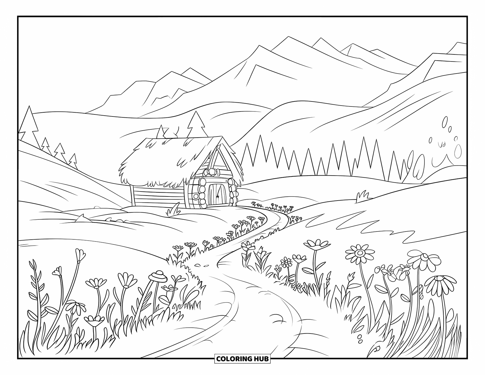 Wildflower Coloring Page for Kids: Trail lined with wildflowers leading to a cozy cabin with mountains in the distance