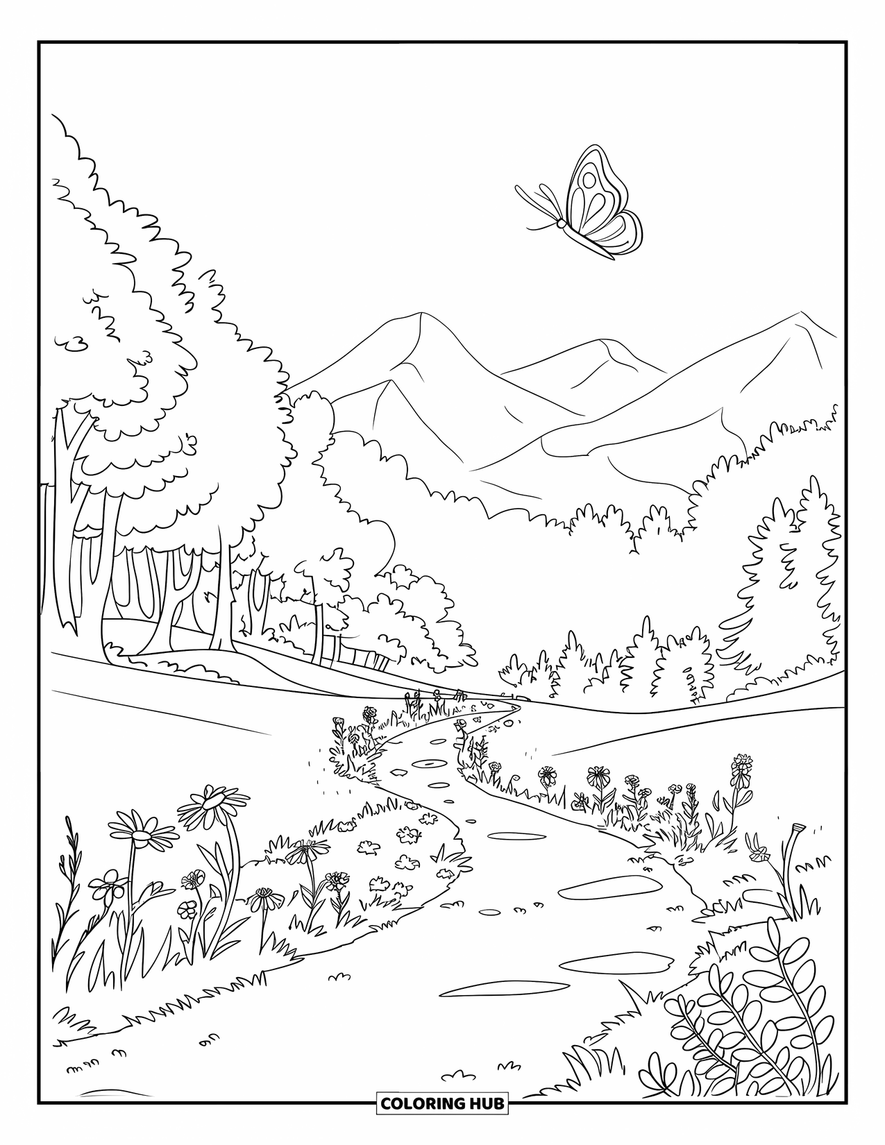 Wildflower Coloring Page for Kids: Trail with tall trees, wildflowers, and a butterfly under a bright sky