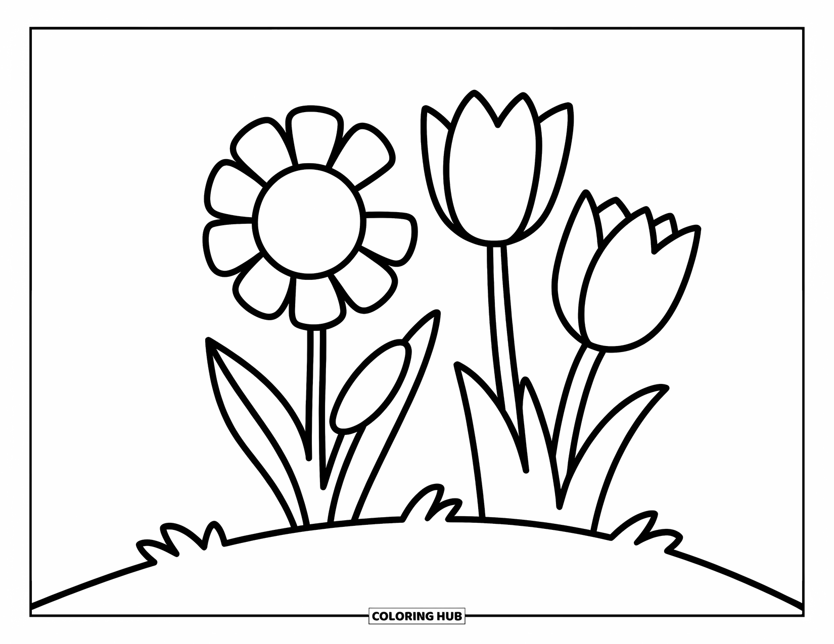 Wildflower Coloring Page for Kids: Two tulips and a wildflower growing side by side on a soft hill