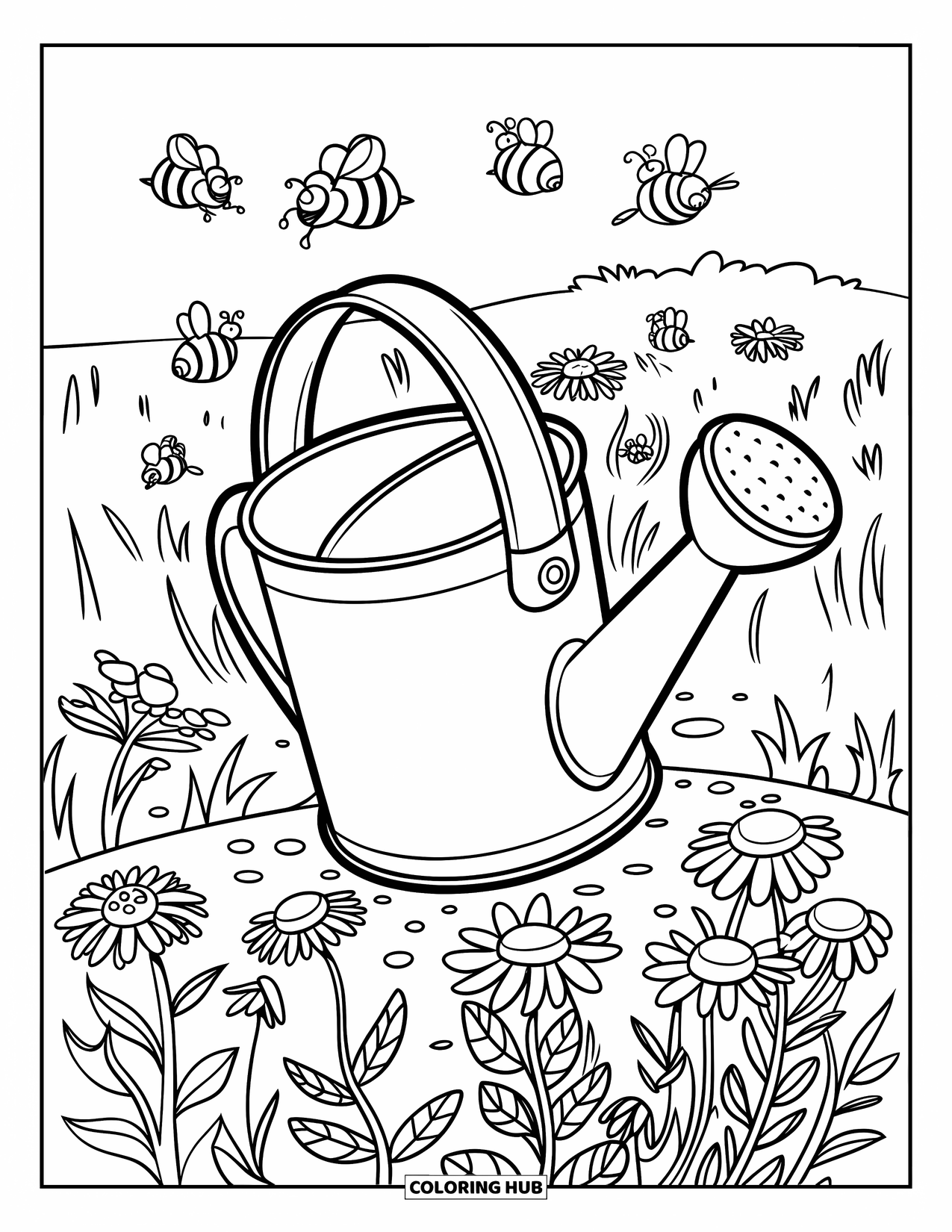 Wildflower Coloring Page for Kids: Watering can surrounded by wildflowers and bees in a sunny field