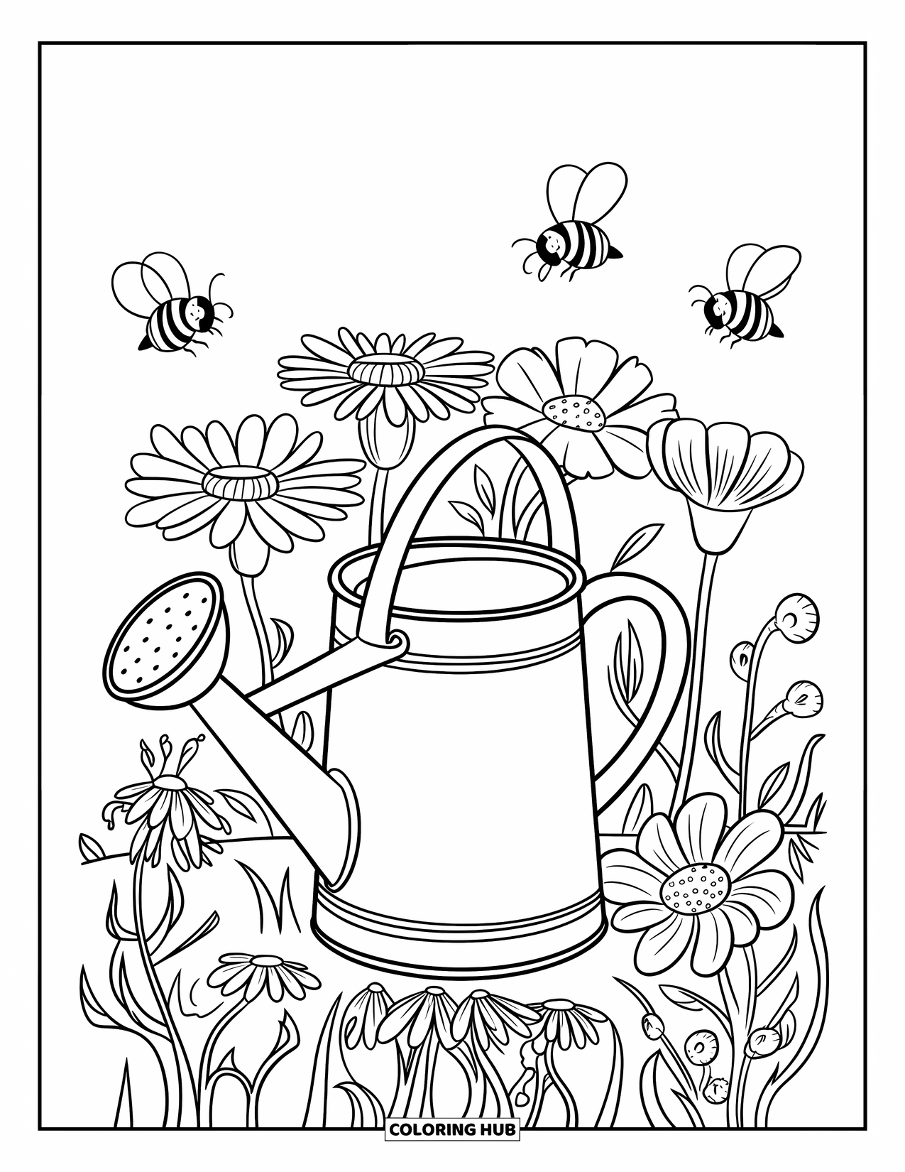Wildflower Coloring Page for Kids: Watering can with blooming flowers and bees flying around it
