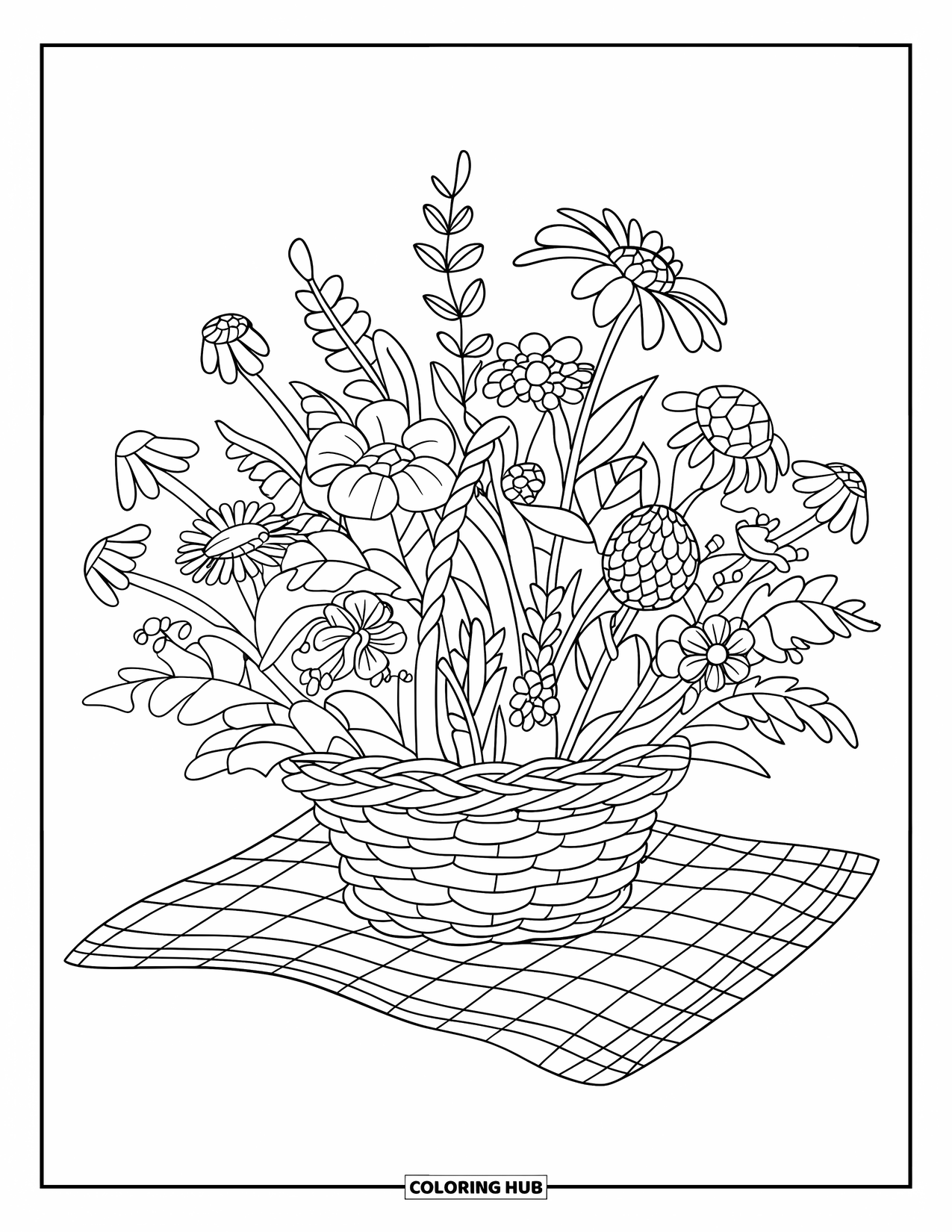 Wildflower Coloring Page for Kids: Wildflower bouquet in a woven basket resting on a checkered cloth