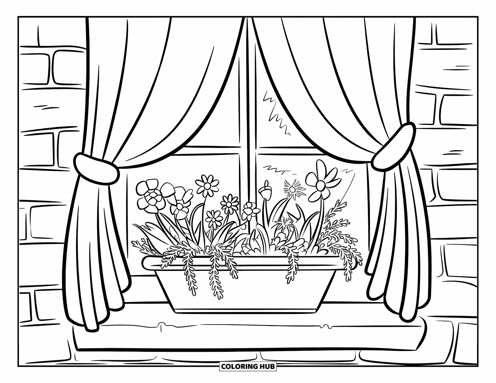 Wildflower Coloring Page for Kids: Wildflowers in a clay pot by the window with a brick wall behind