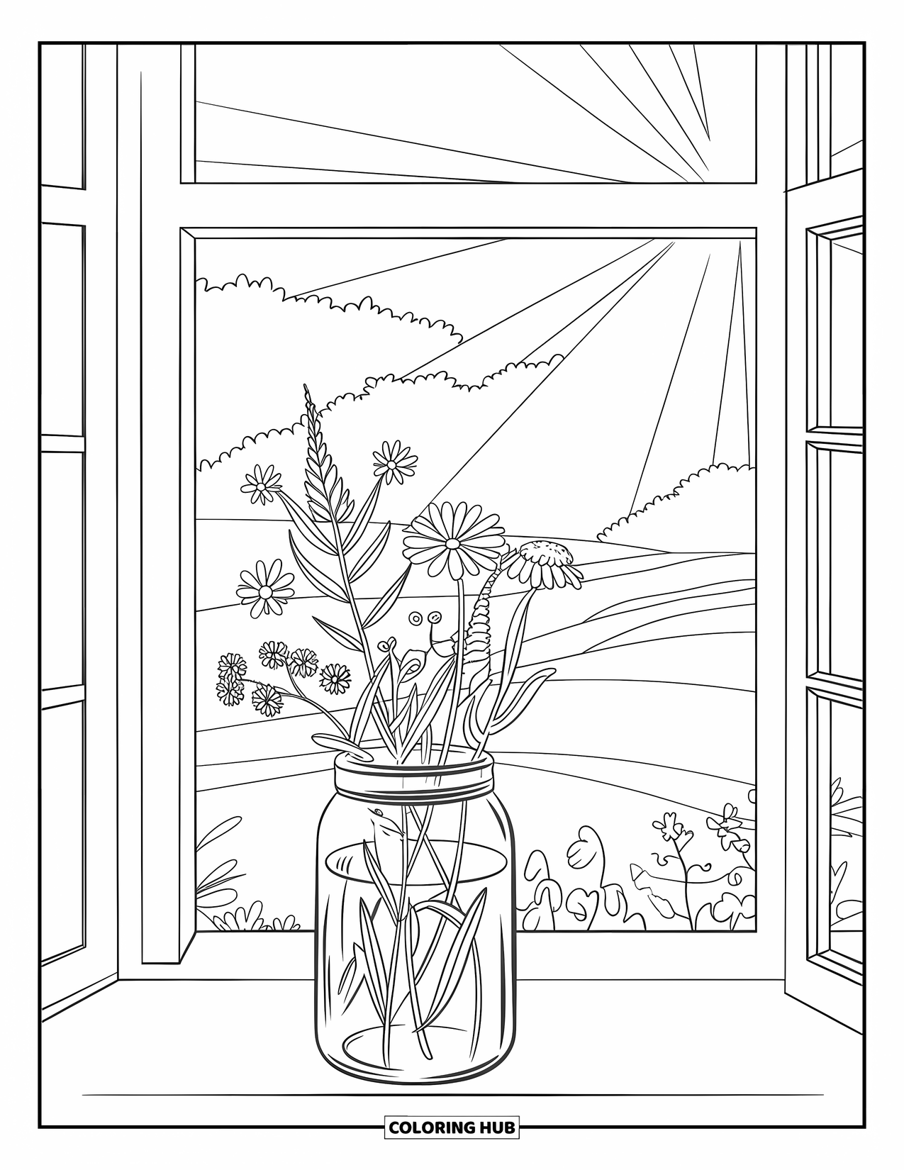 Wildflower Coloring Page for Kids: Wildflowers in a jar rest on a windowsill with sunlight and trees outside