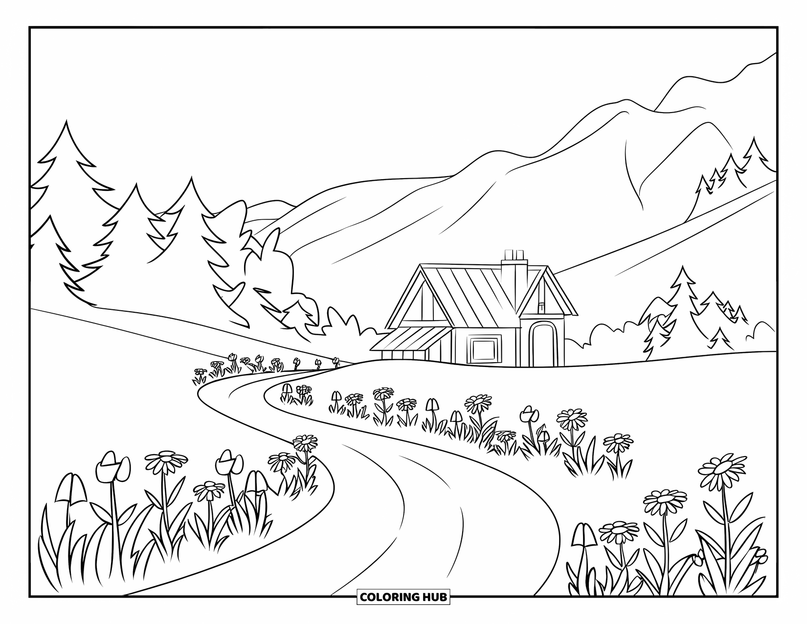 Wildflower Coloring Page for Kids: Winding trail to a cabin surrounded by wildflowers, trees, and gentle mountain views