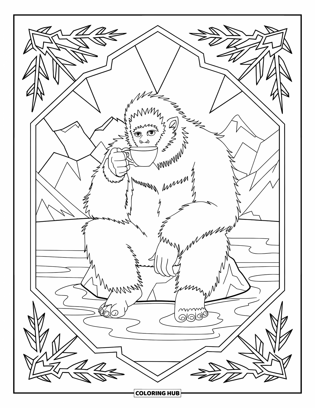 Yeti Coloring Page for Adults: A calm yeti enjoys a warm drink beside a snowy mountain and frozen lake