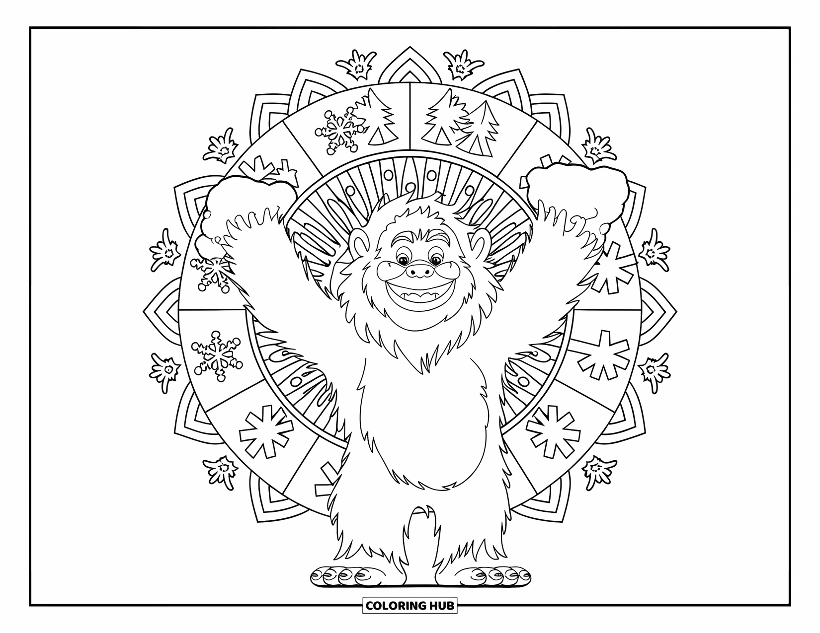 Yeti Coloring Page for Adults: A cheerful yeti flings snow while standing in a forest mandala of snowy elements