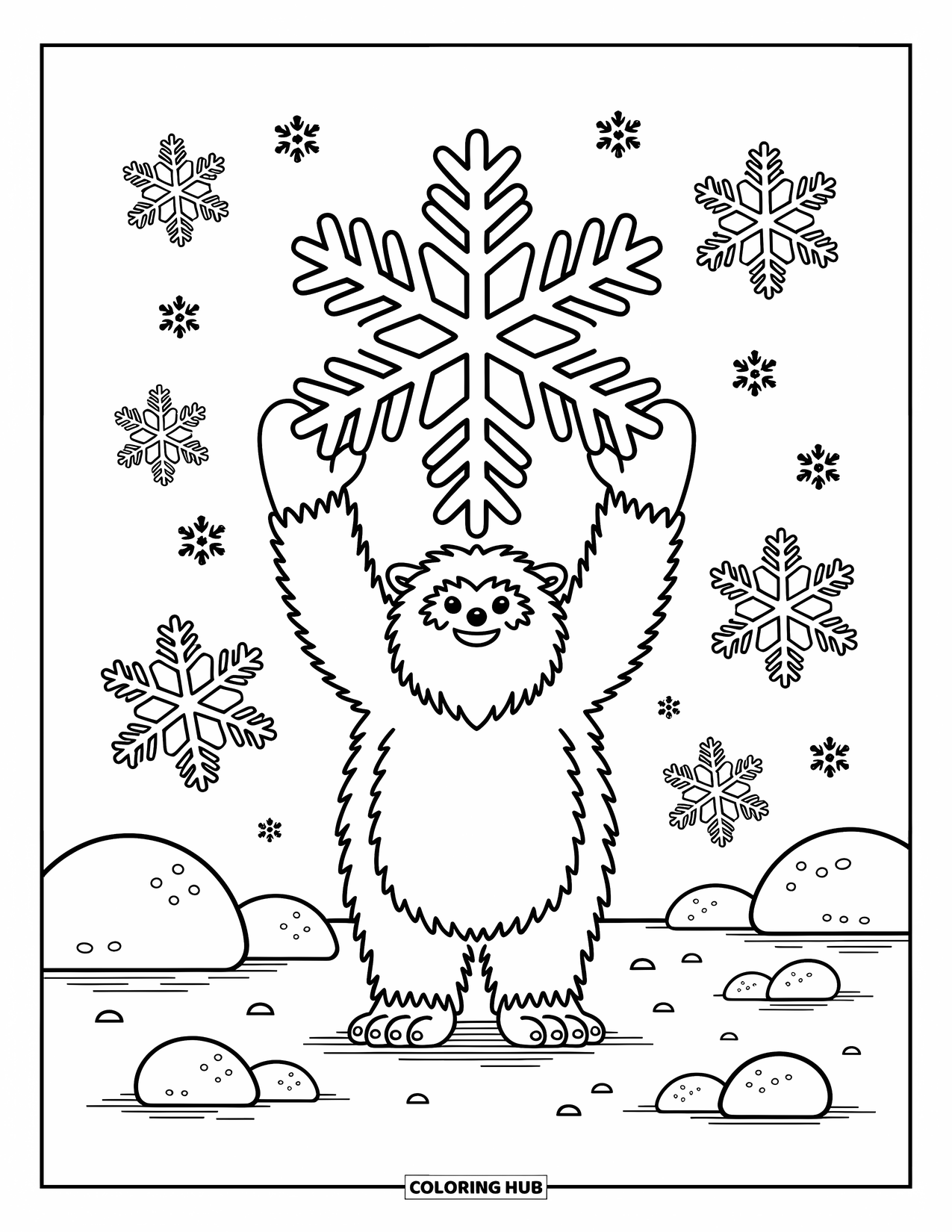 Yeti Coloring Page for Adults: A cheerful yeti holds a snowflake high while patterned flakes swirl nearby