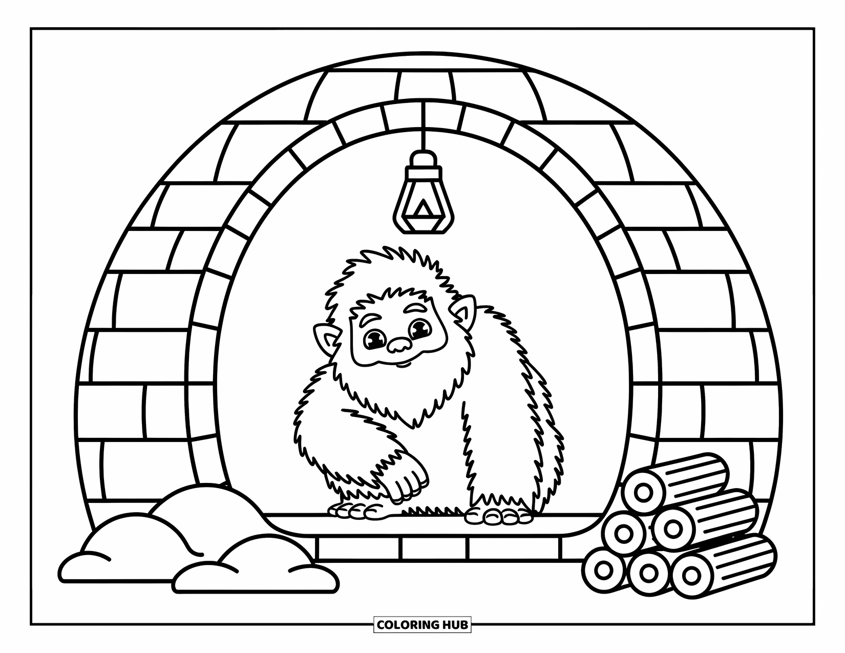 Yeti Coloring Page for Adults: A cheerful yeti peeks from a tiny igloo under a hanging lantern and soft snow
