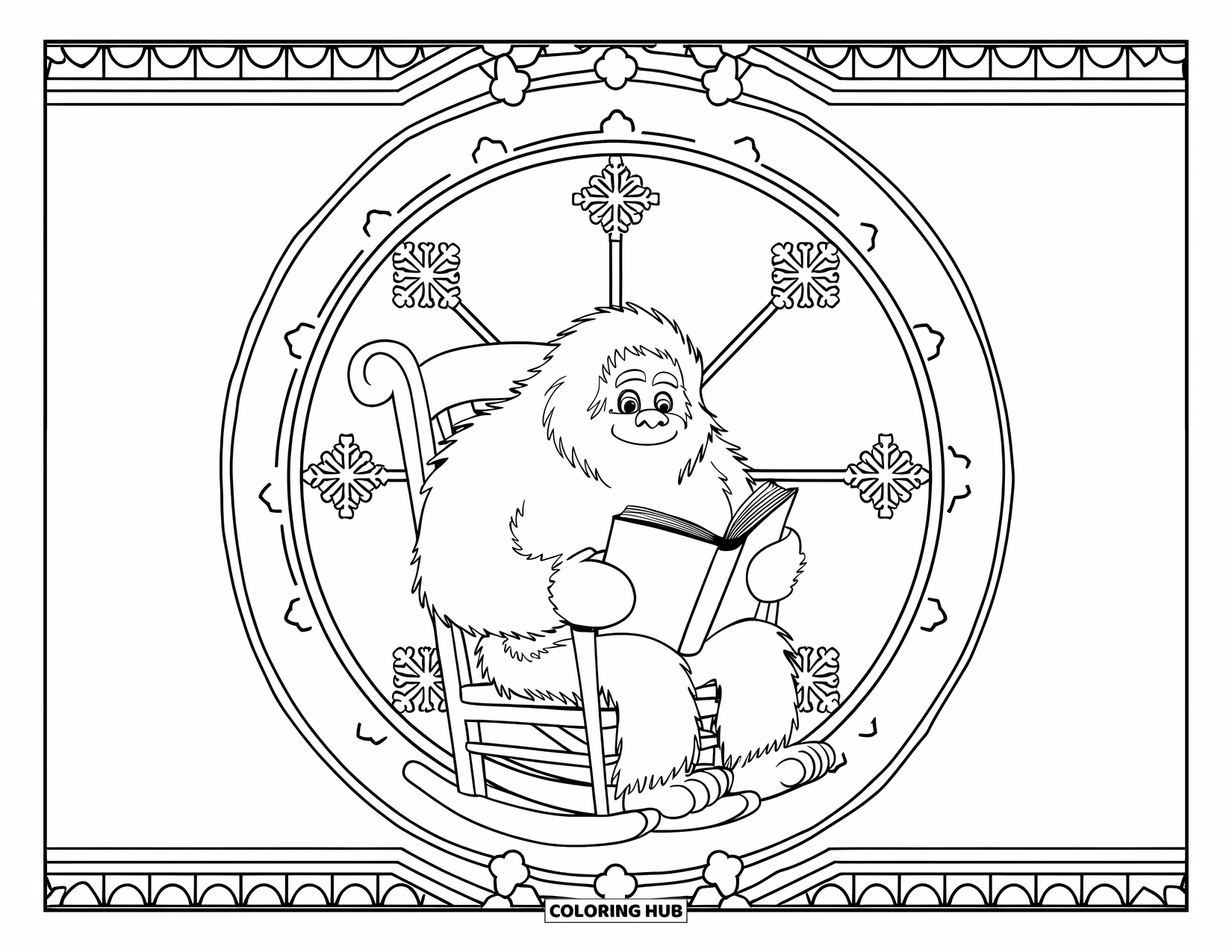 Yeti Coloring Page for Adults: A cozy yeti reads by a snowy window with detailed snowflake patterns