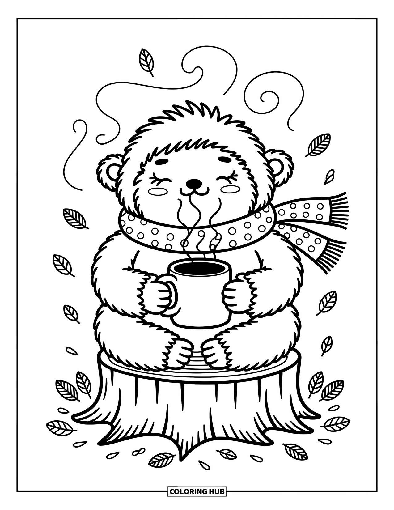 Yeti Coloring Page for Adults: A cuddly yeti enjoys a warm drink surrounded by pinecones and fallen leaves