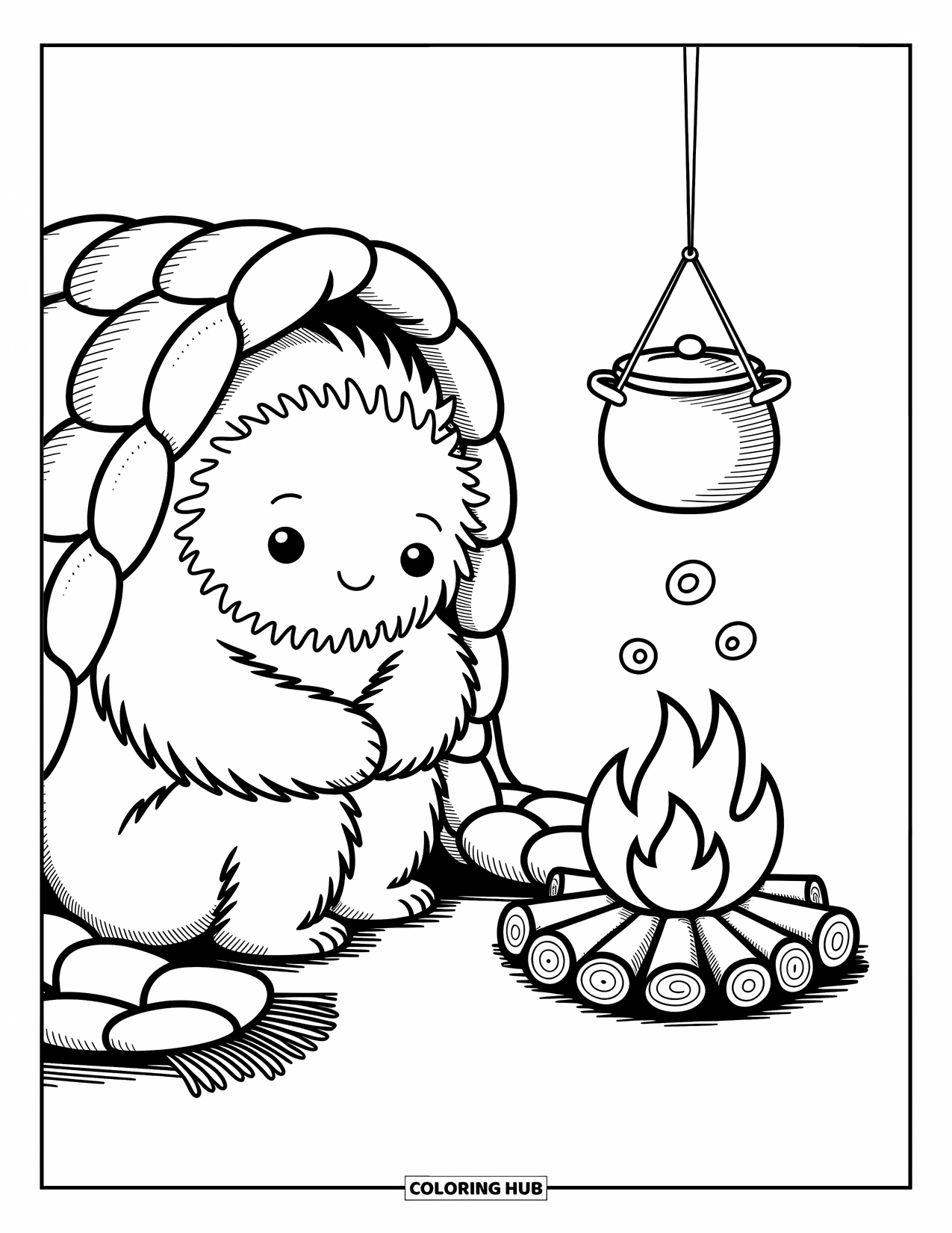 Yeti Coloring Page for Adults: A cuddly yeti sits under a blanket by a tiny campfire with steam rising