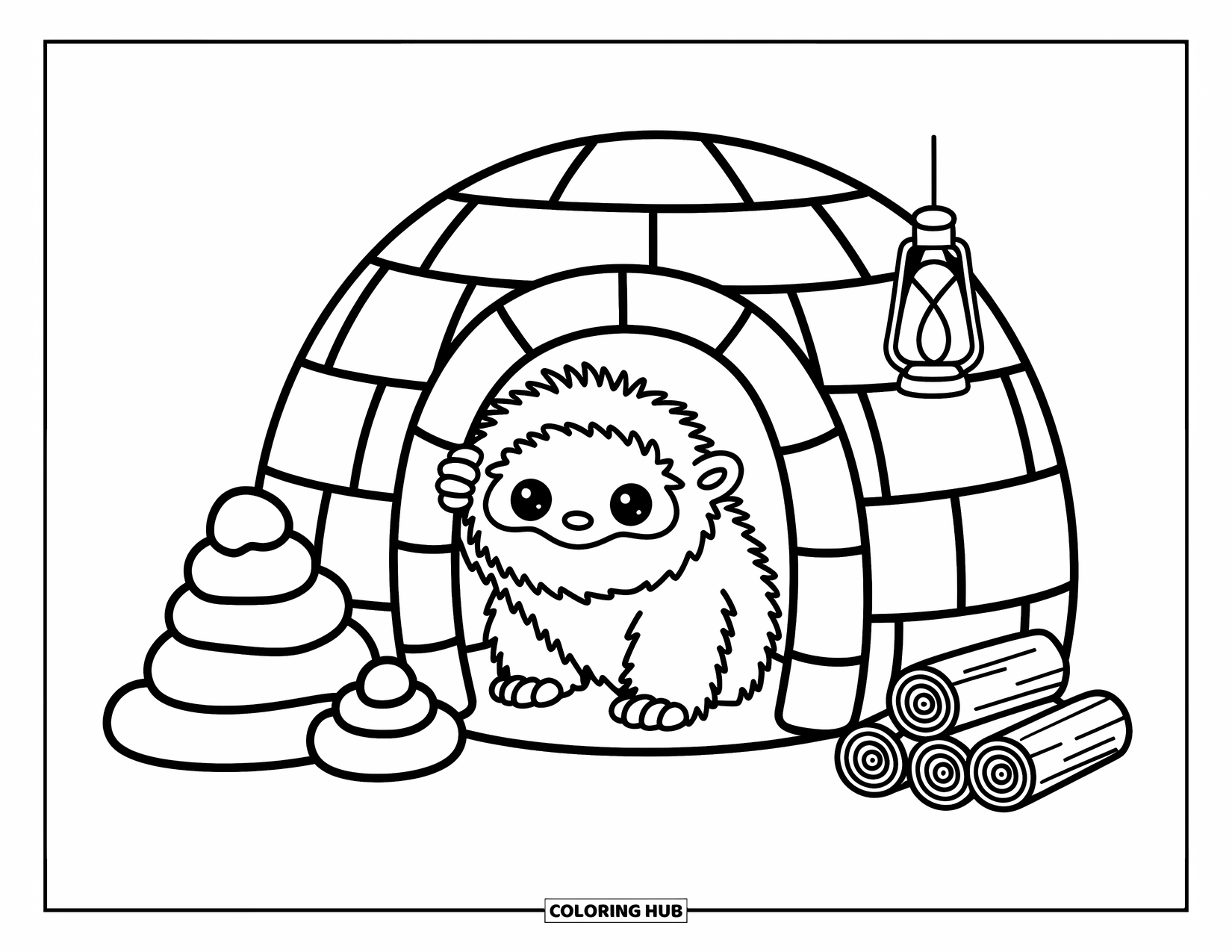 Yeti Coloring Page for Adults: A cute yeti peeks from a tiny igloo with snow piles and firewood outside