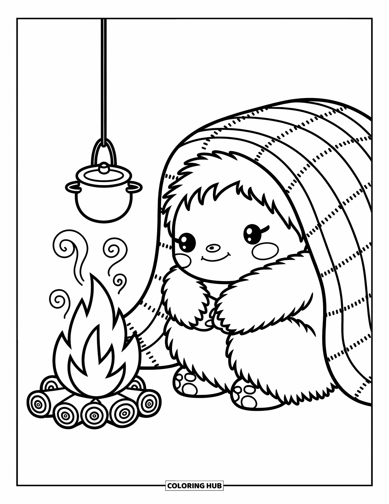 Yeti Coloring Page for Adults: A happy yeti snuggles near a campfire wrapped in a blanket with steam above