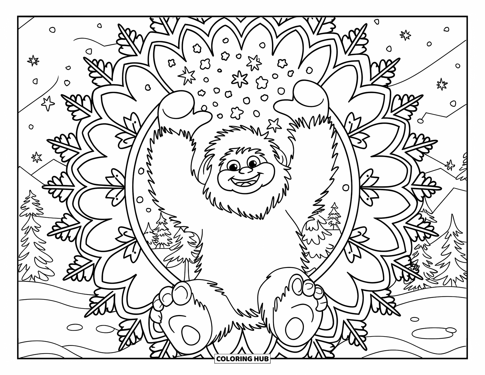 Yeti Coloring Page for Adults: A happy yeti throws snow while framed by trees, snowflakes, and stars