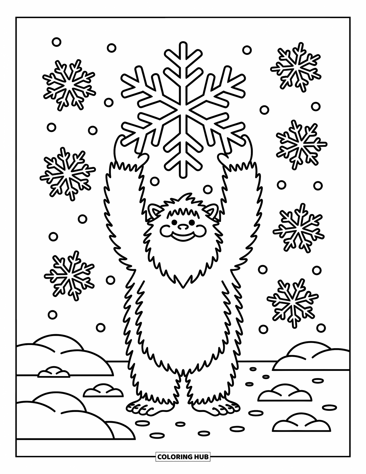 Yeti Coloring Page for Adults: A joyful yeti cradles a big snowflake as cute ones float in the snowy air