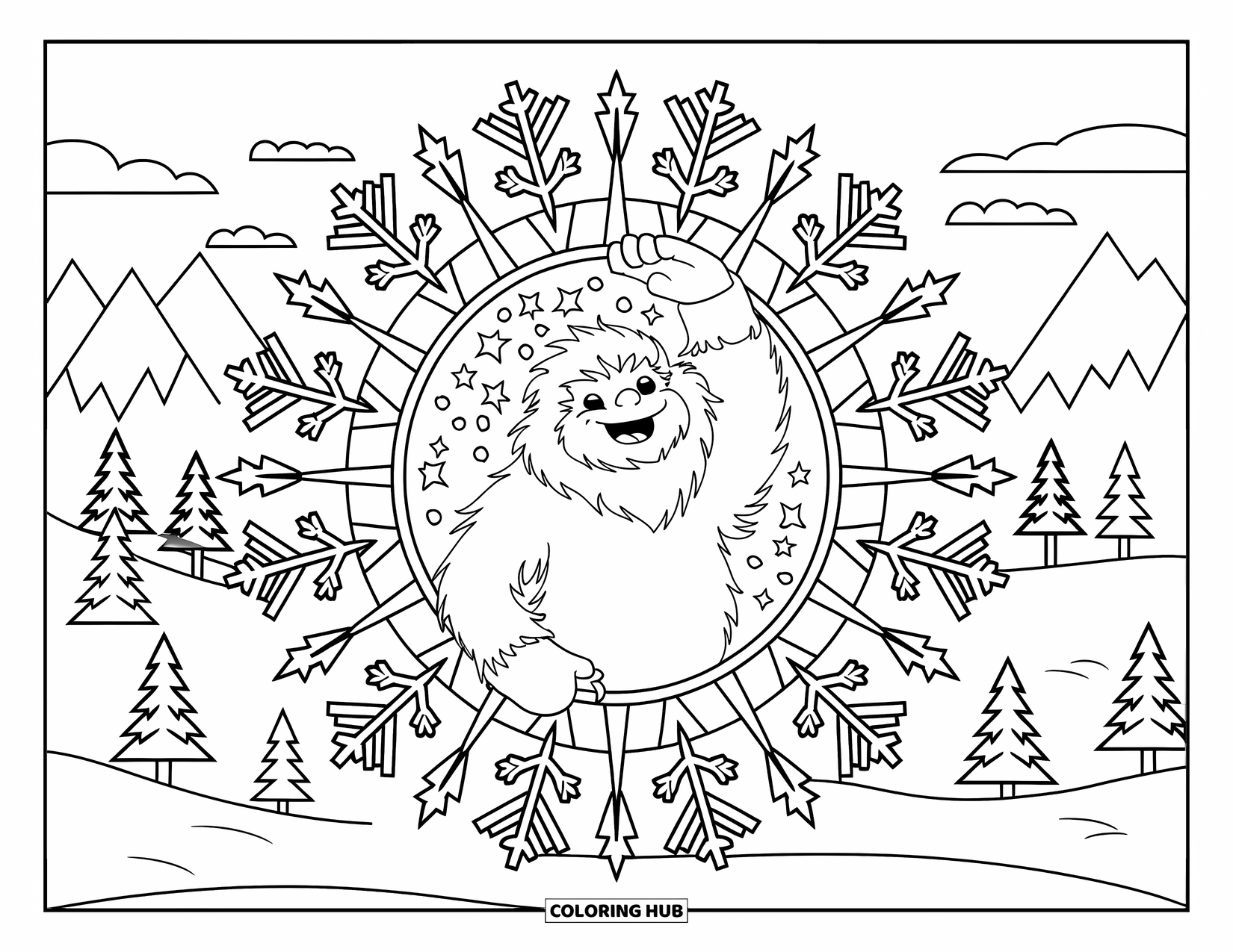 Yeti Coloring Page for Adults: A joyful yeti tosses snow into the air surrounded by a forest mandala