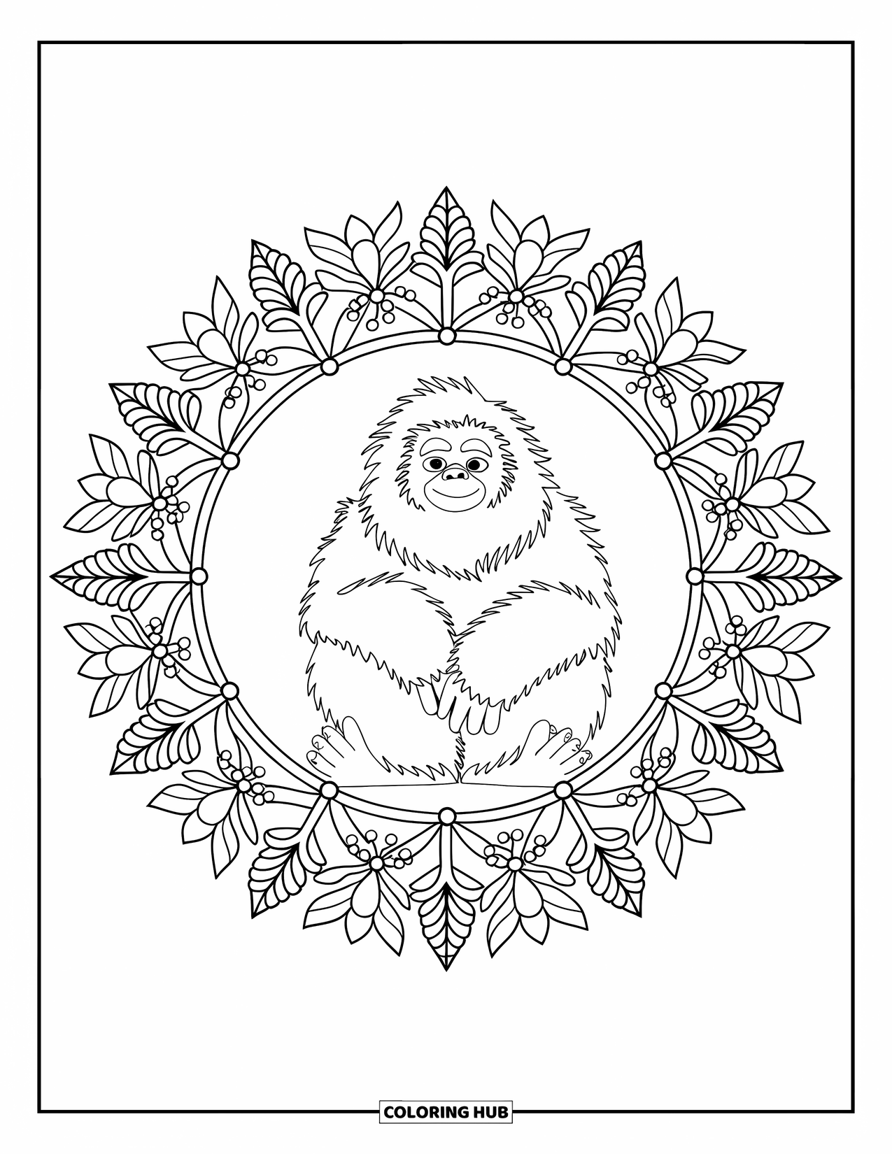 Yeti Coloring Page for Adults: A meditative yeti is centered in a circular mandala of pine cones and snowflakes