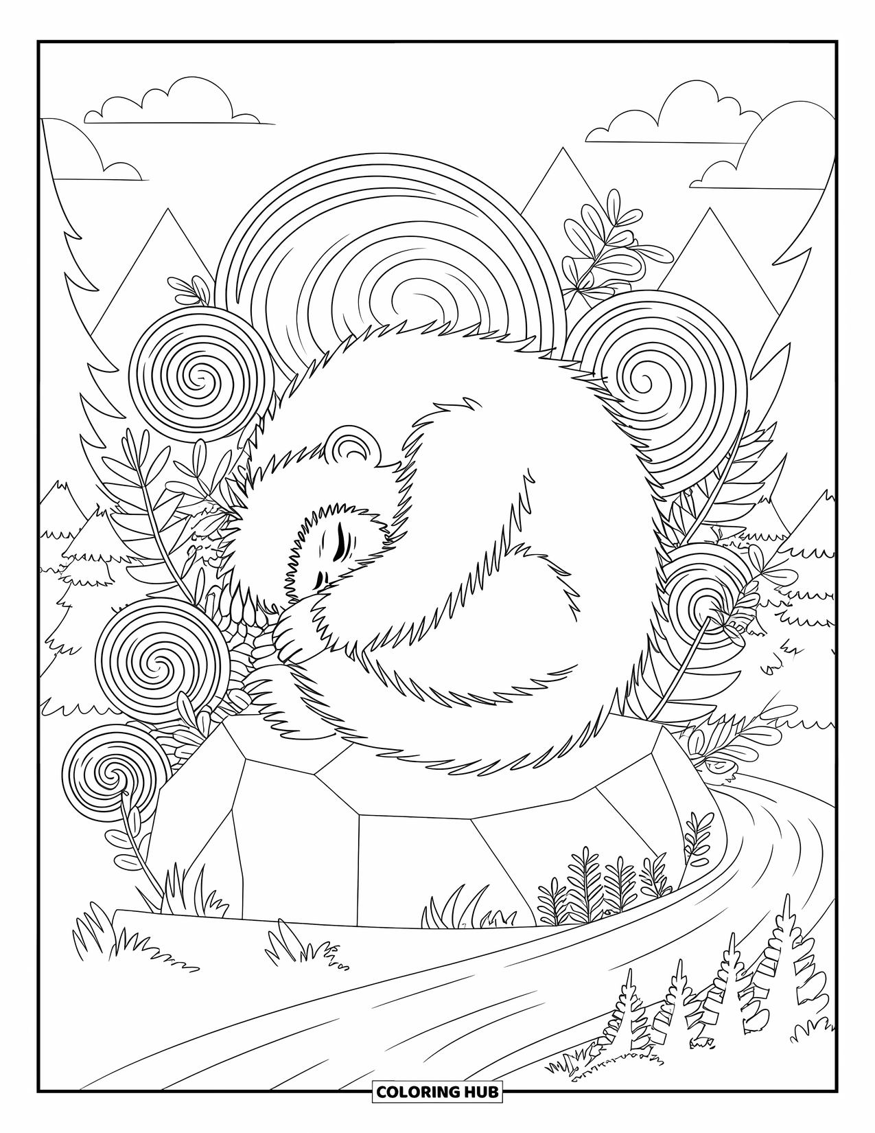 Yeti Coloring Page for Adults: A peaceful yeti naps beside a river with swirling forest shapes