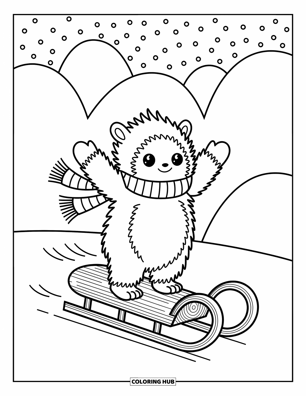 Yeti Coloring Page for Adults: A playful yeti stands on a sled with arms up and snowflakes gently falling