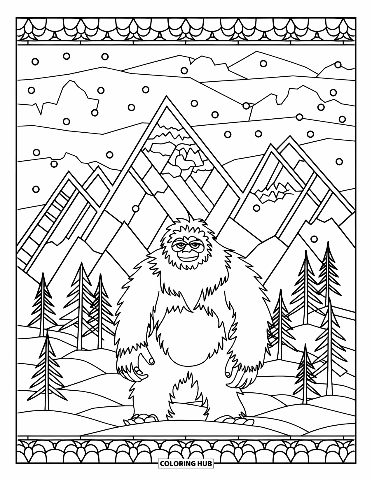 Yeti Coloring Page for Adults: A poised yeti stands among stained glass mountains, trees, and snow
