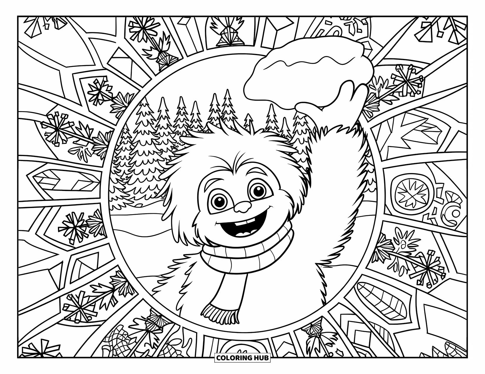 Yeti Coloring Page for Adults: A scarfed yeti tosses snow in a forest mandala with expressive joy