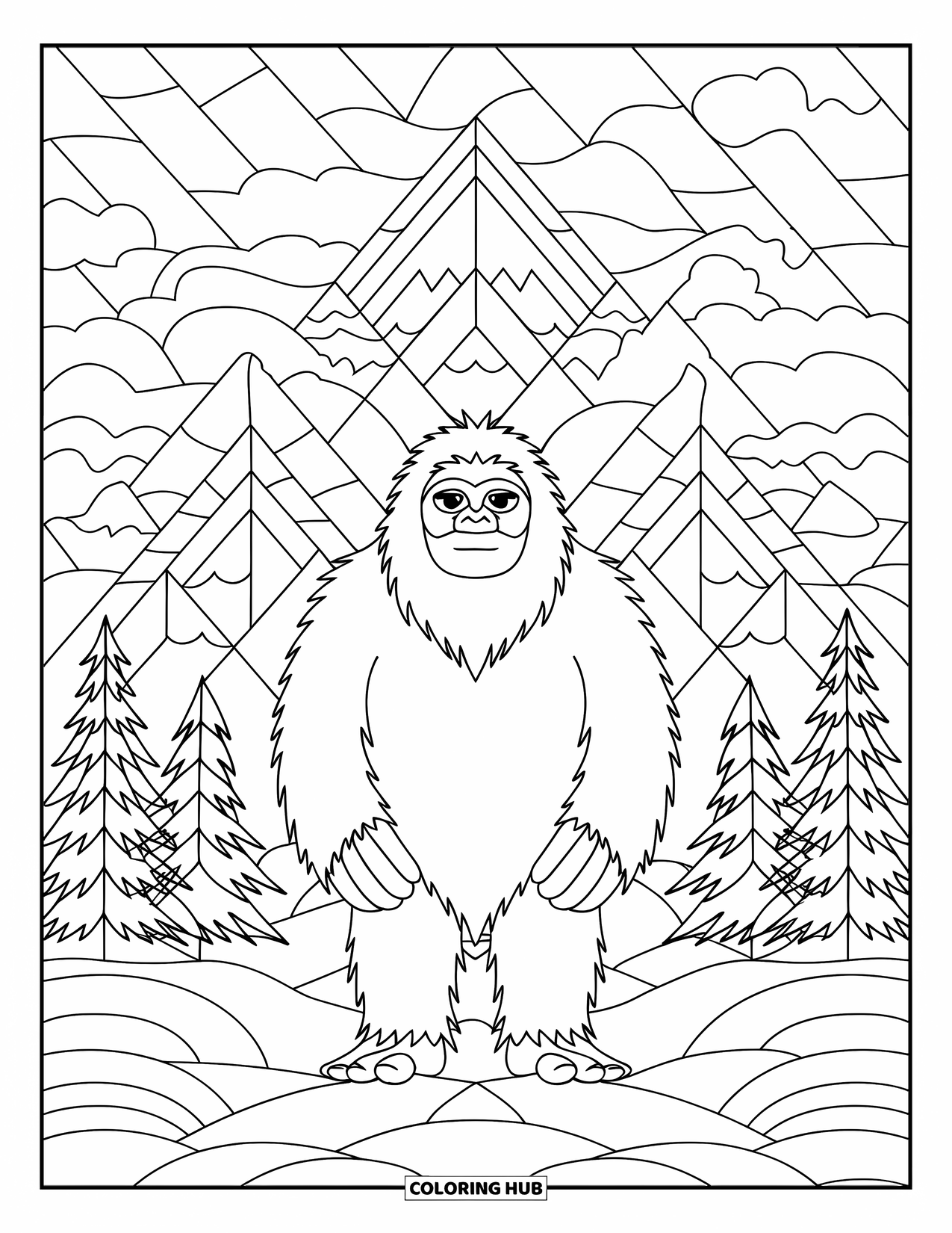 Yeti Coloring Page for Adults: A serene yeti in a robe stands in swirling stained glass-style mountains and trees
