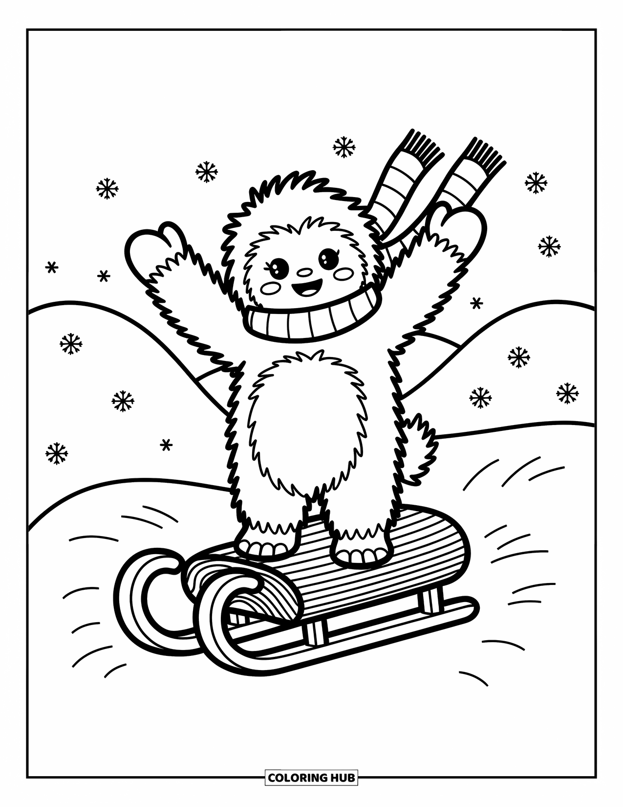 Yeti Coloring Page for Adults: A smiling yeti balances on a sled with scarf fluttering and snowflakes around