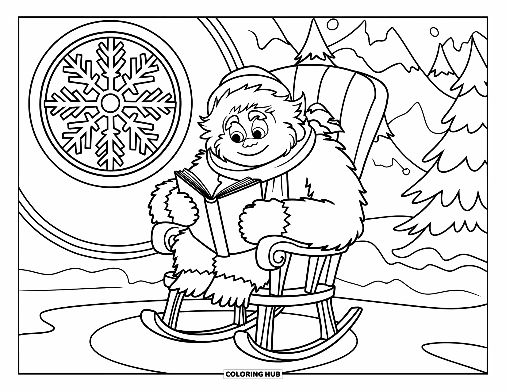 Yeti Coloring Page for Adults: A yeti in a hat and scarf reads peacefully in front of a round snowflake window