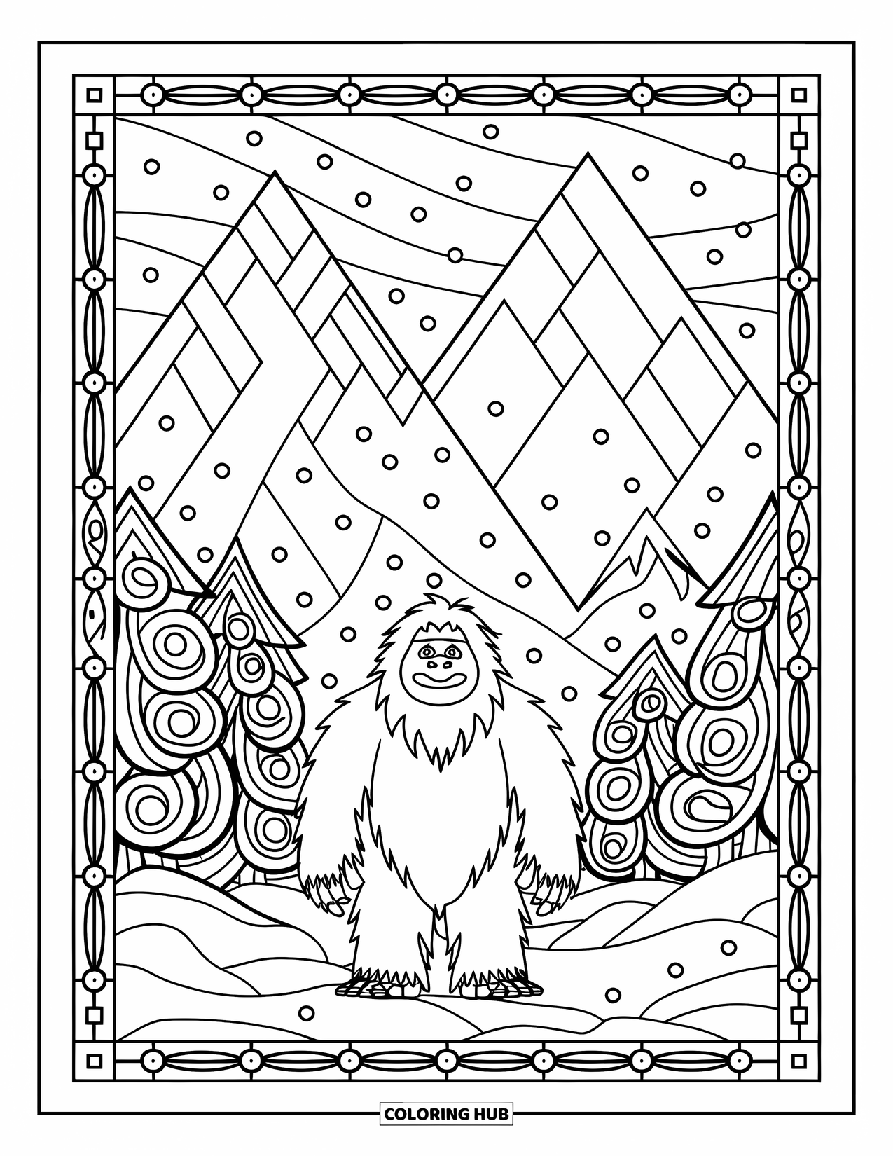 Yeti Coloring Page for Adults: A yeti stands calmly in bold, patterned mountains and trees with falling snow