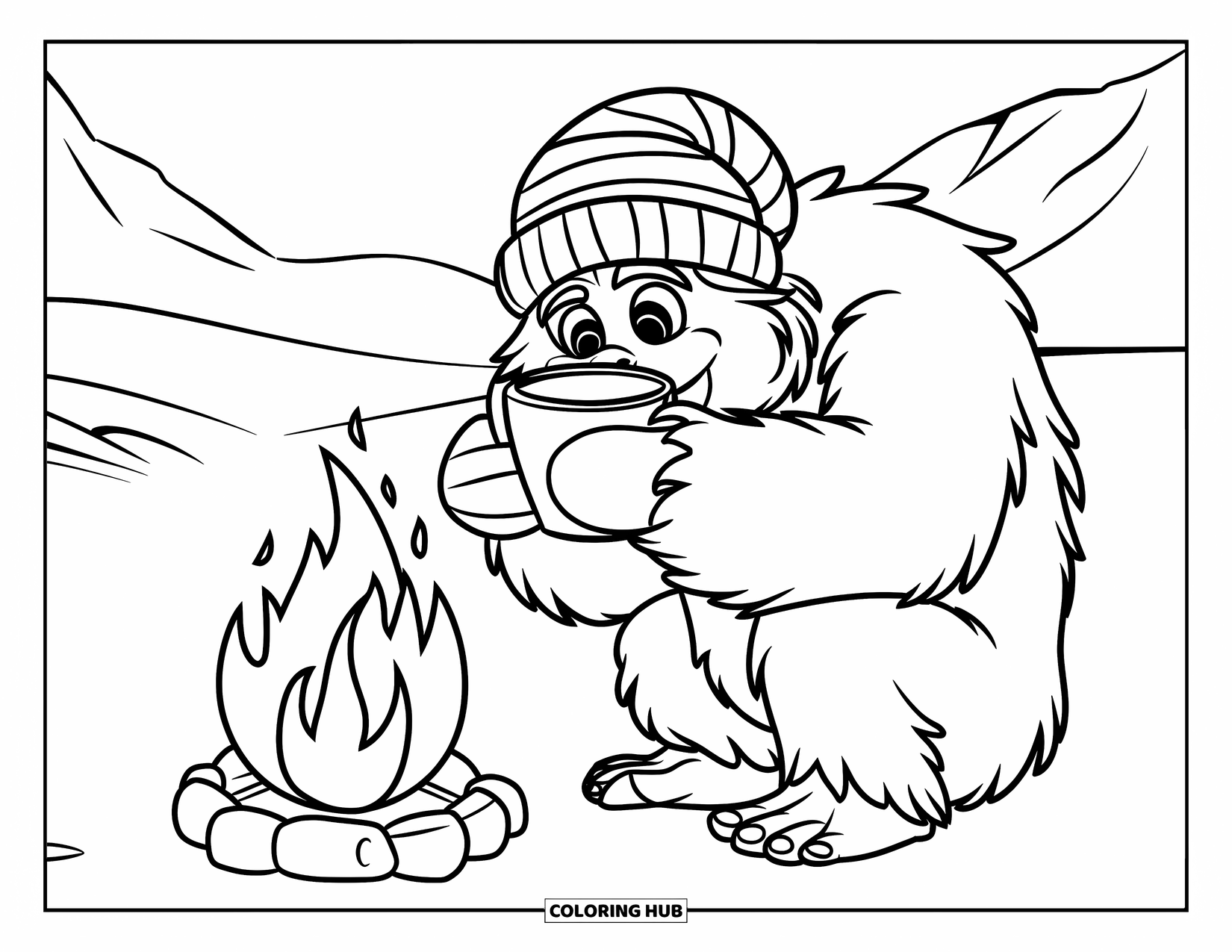 Yeti Coloring Page for Kids: A bundled-up yeti drinks cocoa while marshmallows roast by a tiny fire