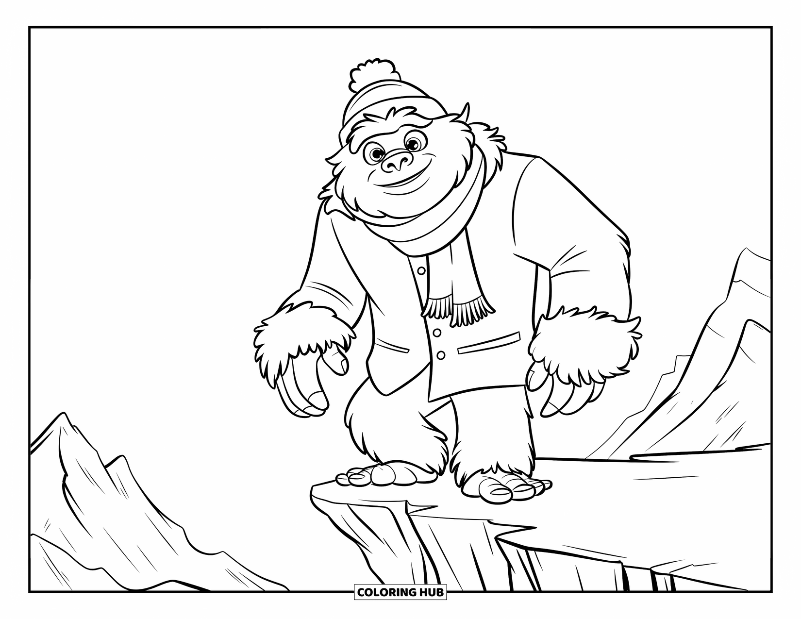 Yeti Coloring Page for Kids: A bundled-up yeti stands on a cliff with a breeze and mountain view behind him