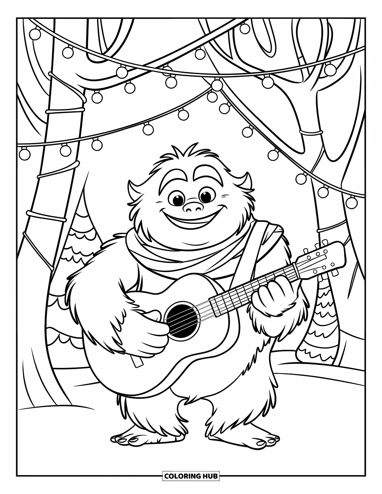 Yeti Coloring Page for Kids: A cheerful yeti plays guitar under string lights in a quiet forest